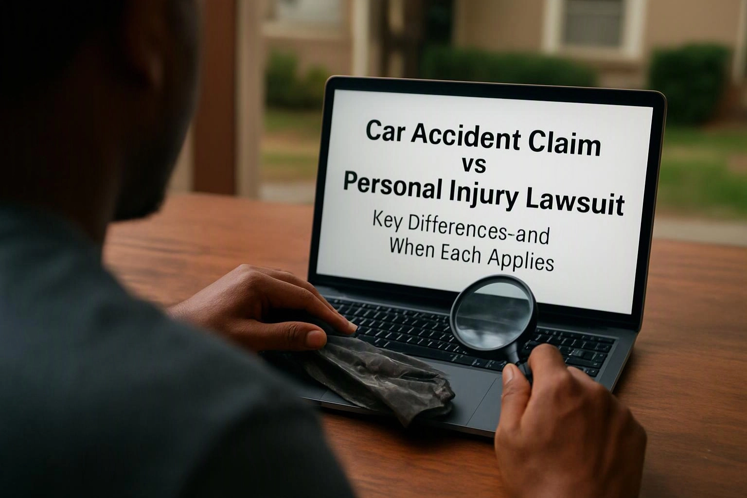 A person examines a laptop screen showing car accident claim and personal injury lawsuit text with a magnifying glass
