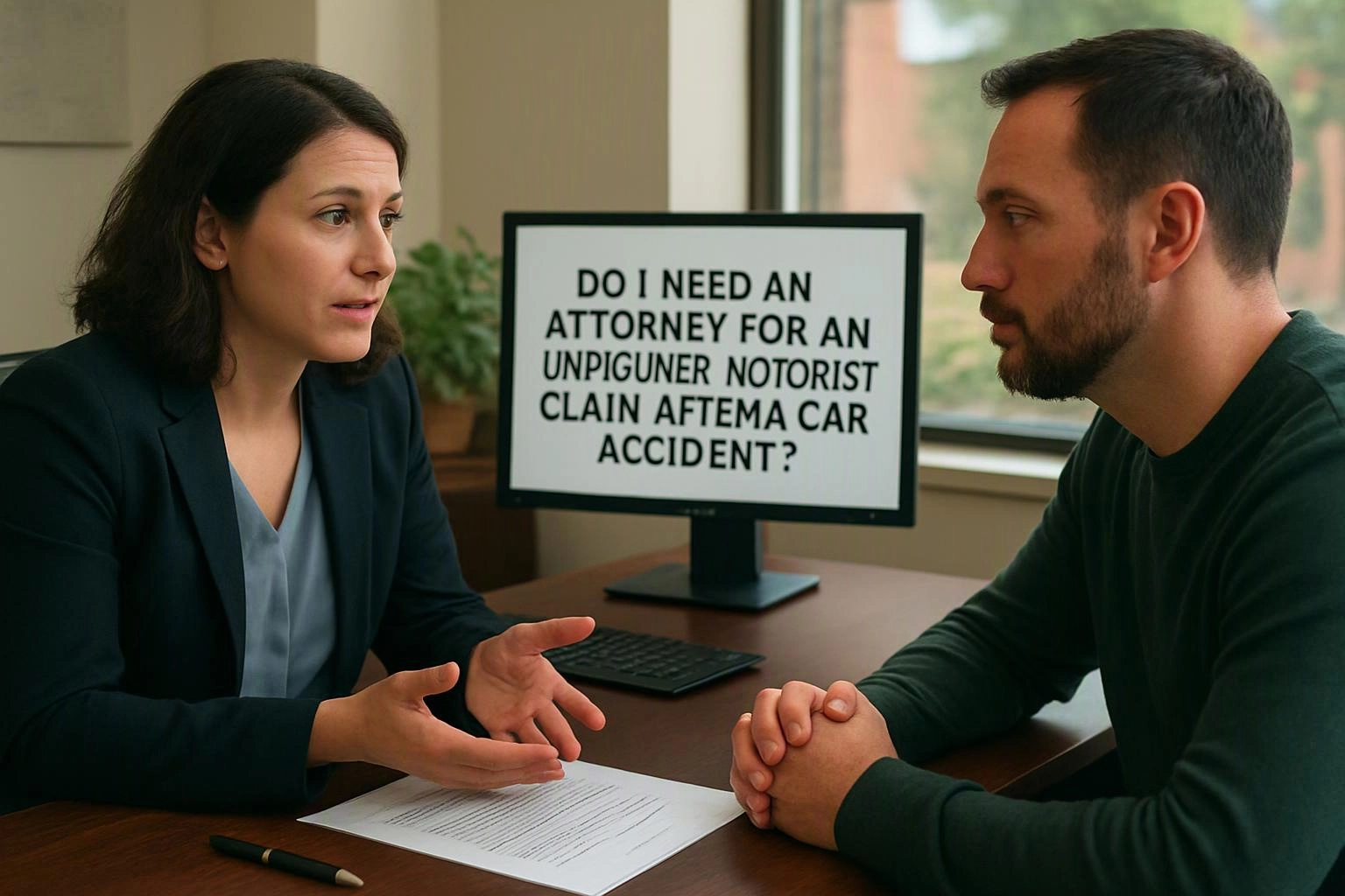 Attorney reviewing an uninsured motorist claim after a car accident