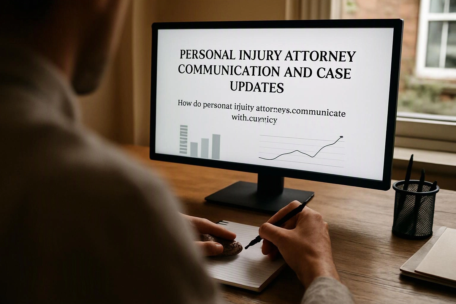 Person writing notes at a desk while a monitor shows a personal injury attorney presentation slide
