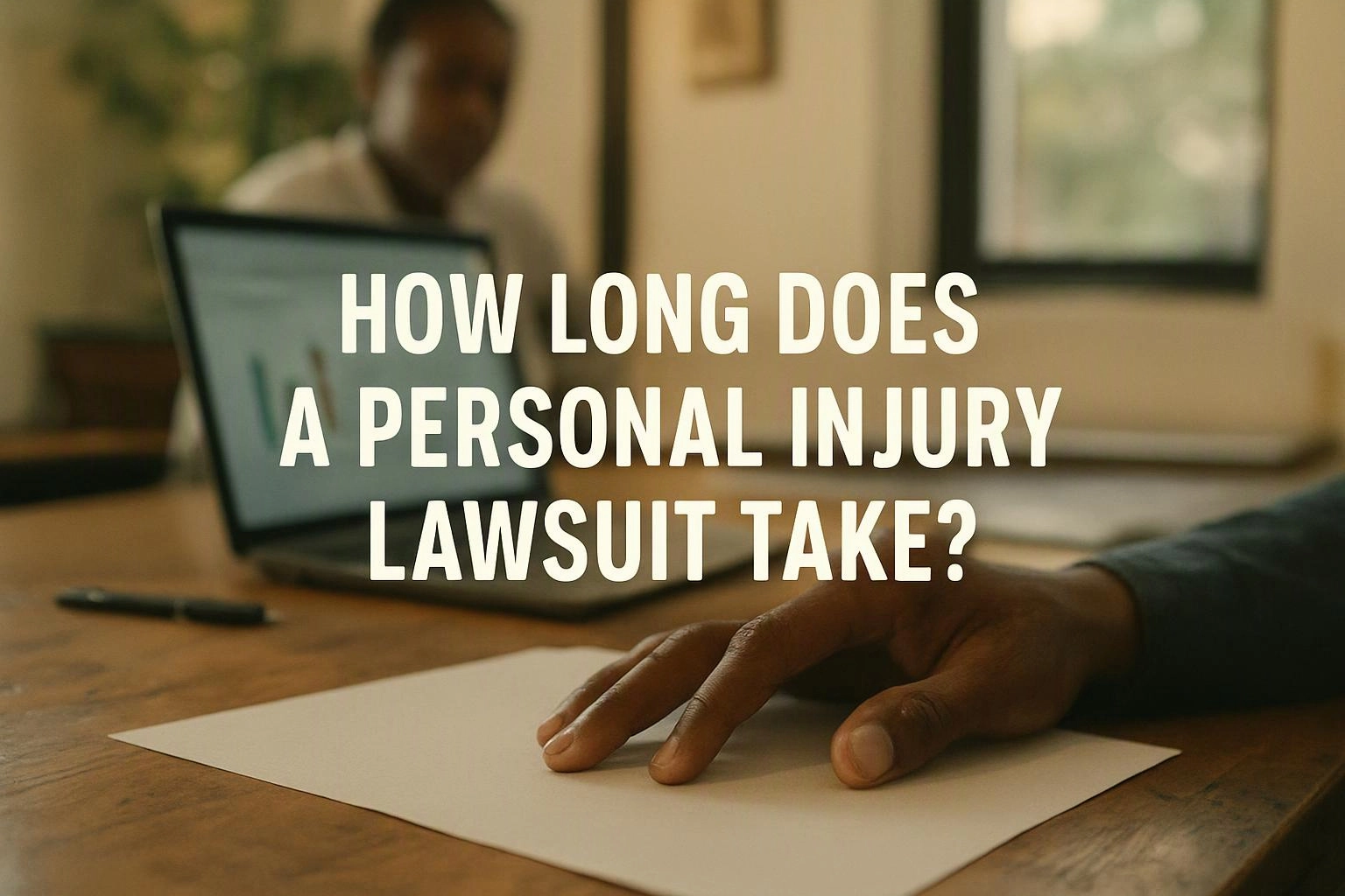 A hand rests on a blank sheet beside a laptop, with large text asking about a personal injury lawsuit