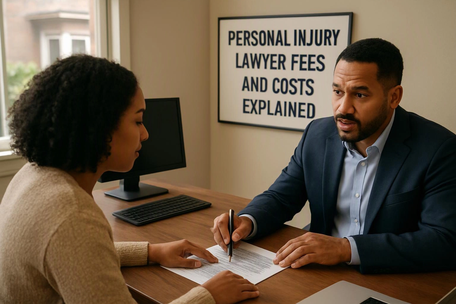 documentary-style photograph of wide establishing view of a setting where "Personal Injury Lawyer Fees and Costs Explained" naturally arises in Personal Injury