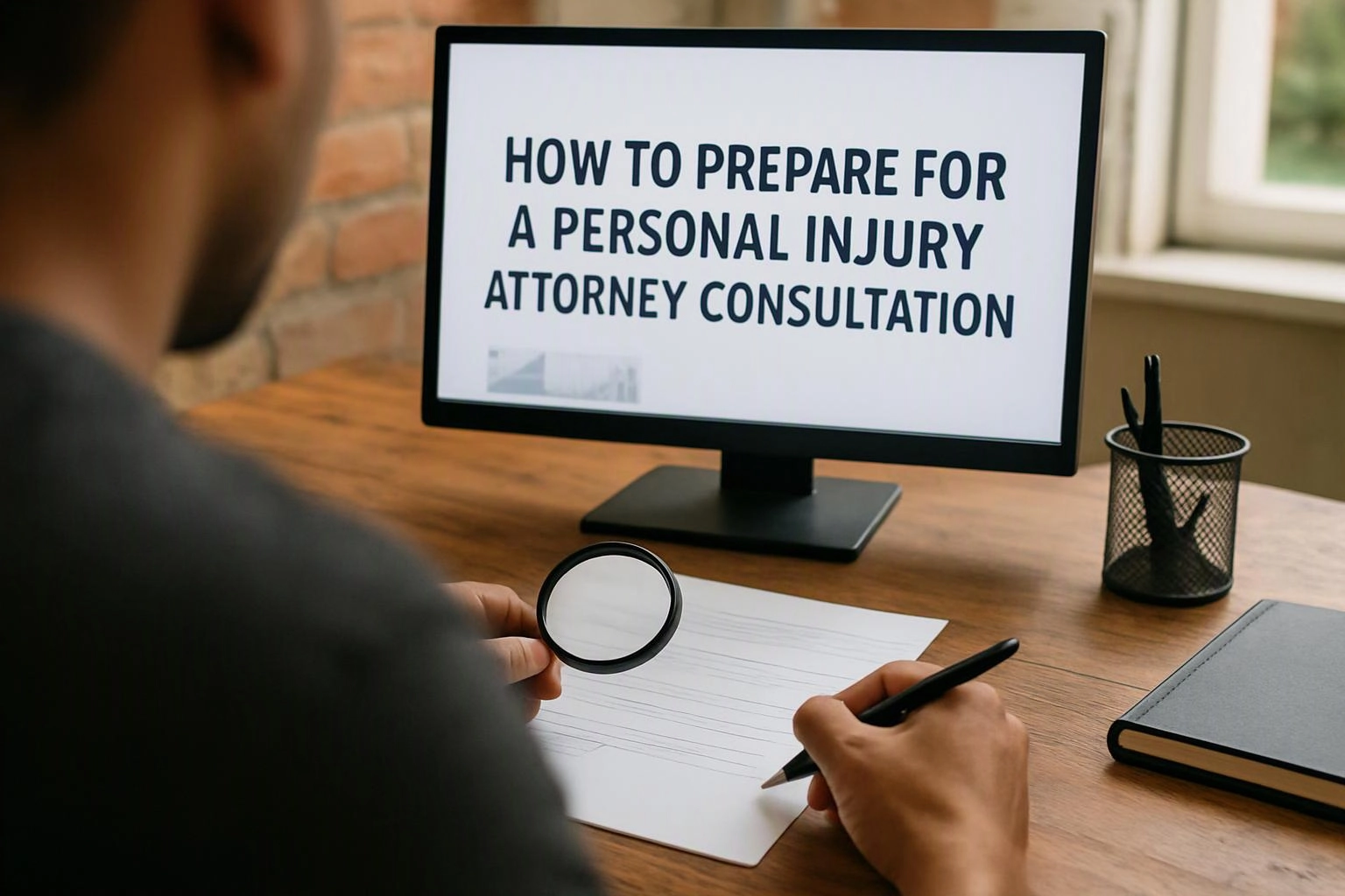 A person sits at a desk, holding a magnifying glass and pen, facing a monitor with consultation advice text