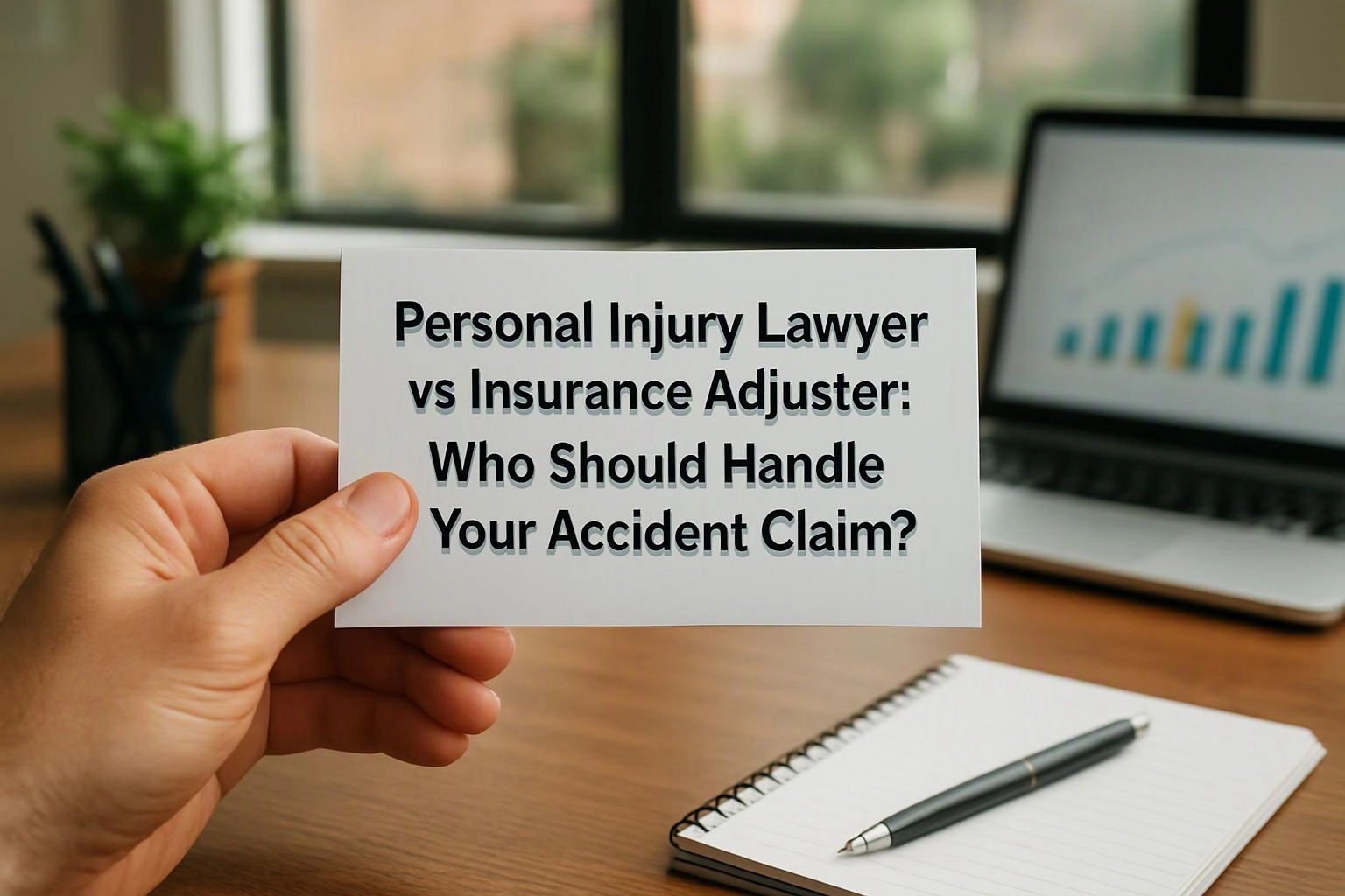 A hand holds a card with accident claim text beside a laptop and notebook on a desk
