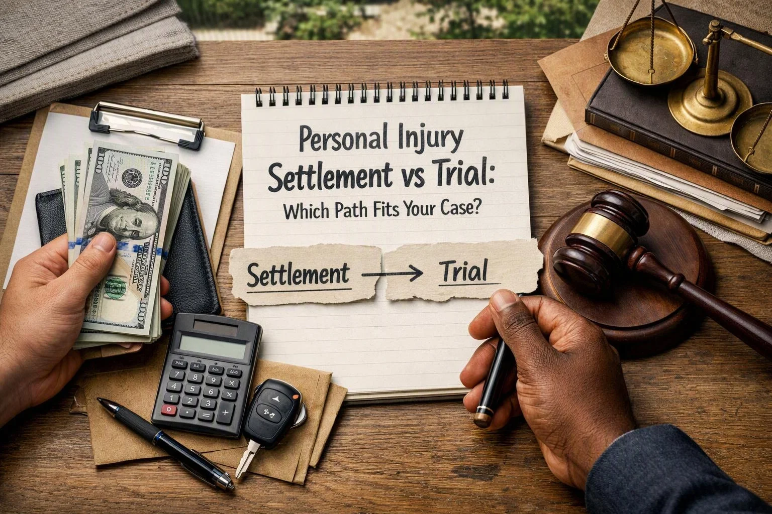 Advertising-grade tabletop still life photograph of overhead flat-lay of items that represent "Personal Injury Settlement vs Trial