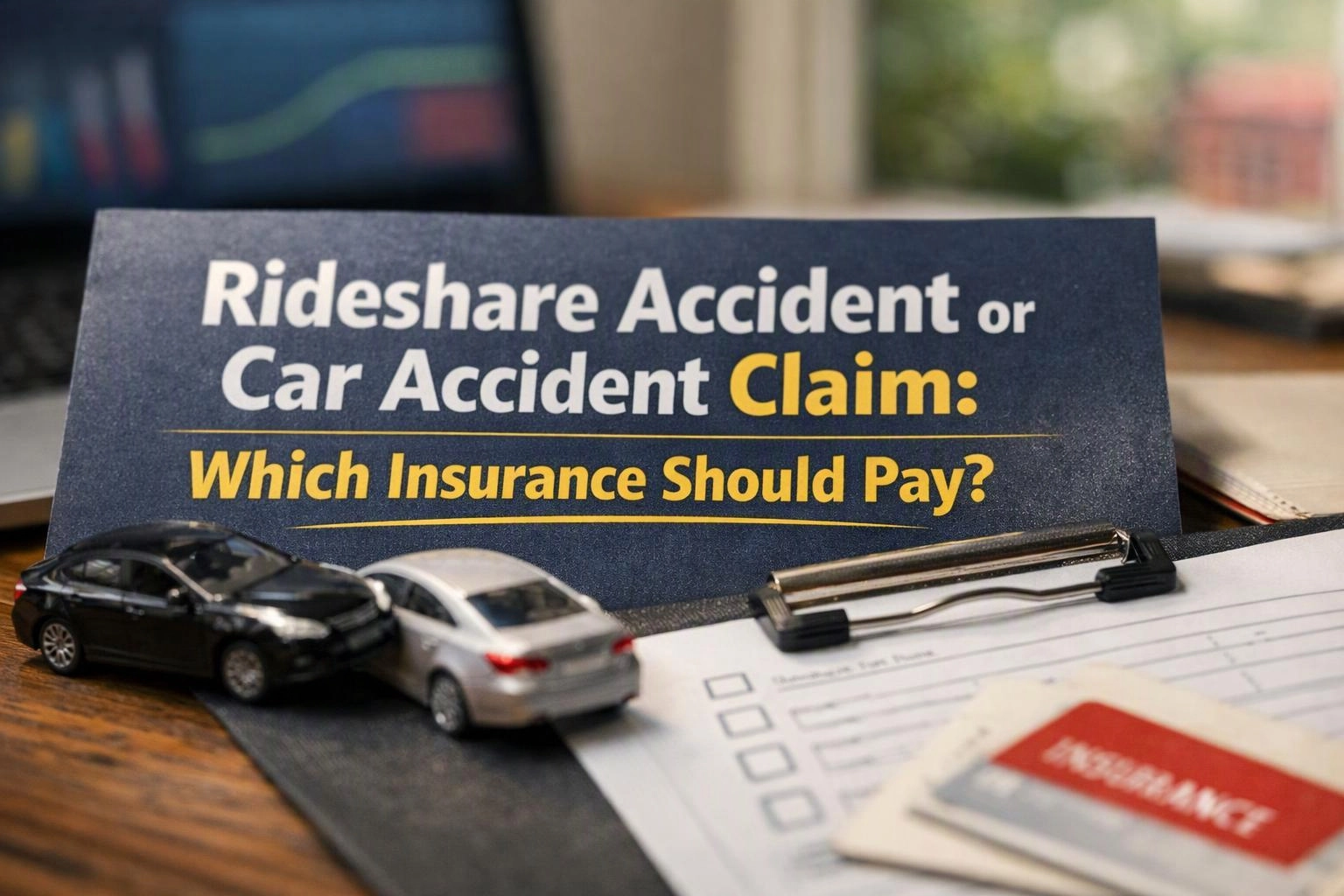 Macro product photograph of environmental still life in a real workspace where "Rideshare Accident or Car Accident Claim