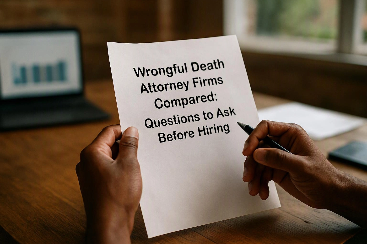 Hands hold a paper with bold text about wrongful death attorney firms at a wooden desk
