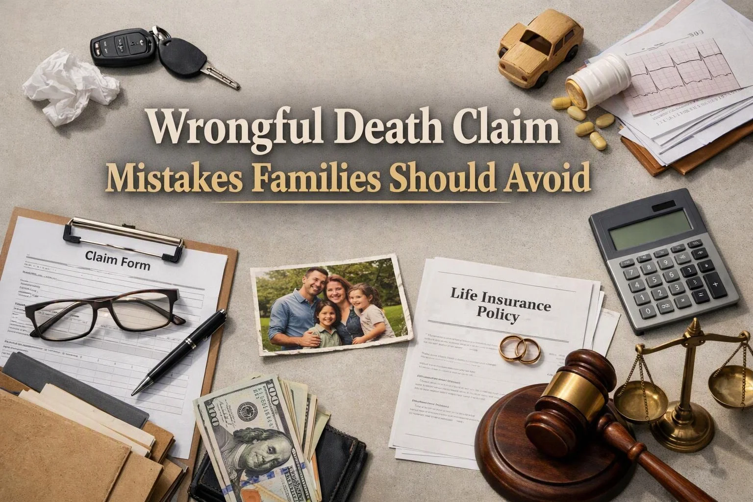 Aerial top-down flat-lay photograph of wide establishing view of a setting where "Wrongful Death Claim Mistakes Families Should Avoid" naturally arises