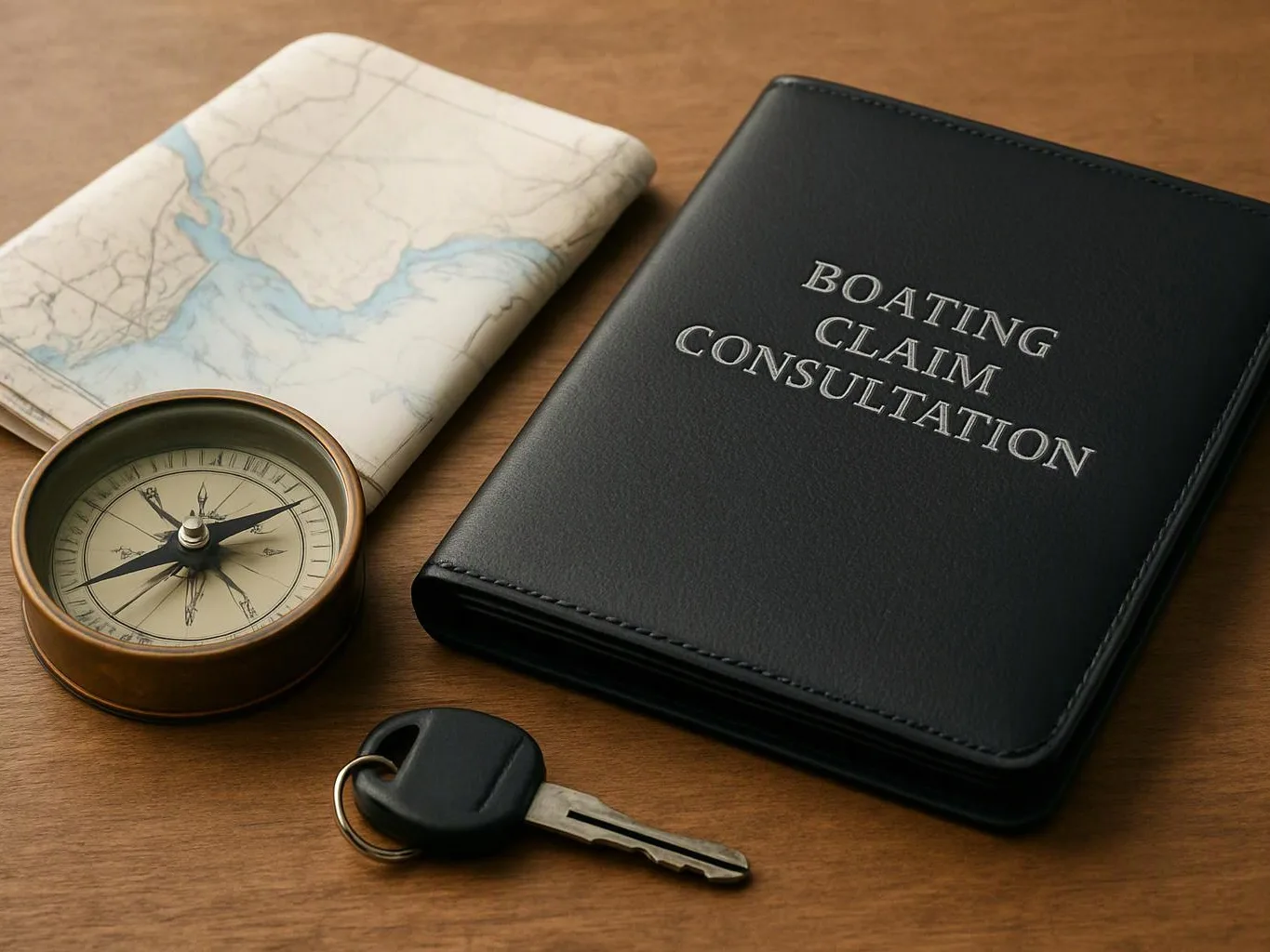 A black folder labeled “BOATING CLAIM CONSULTATION” sits beside a folded map, compass, and key on a wooden table
