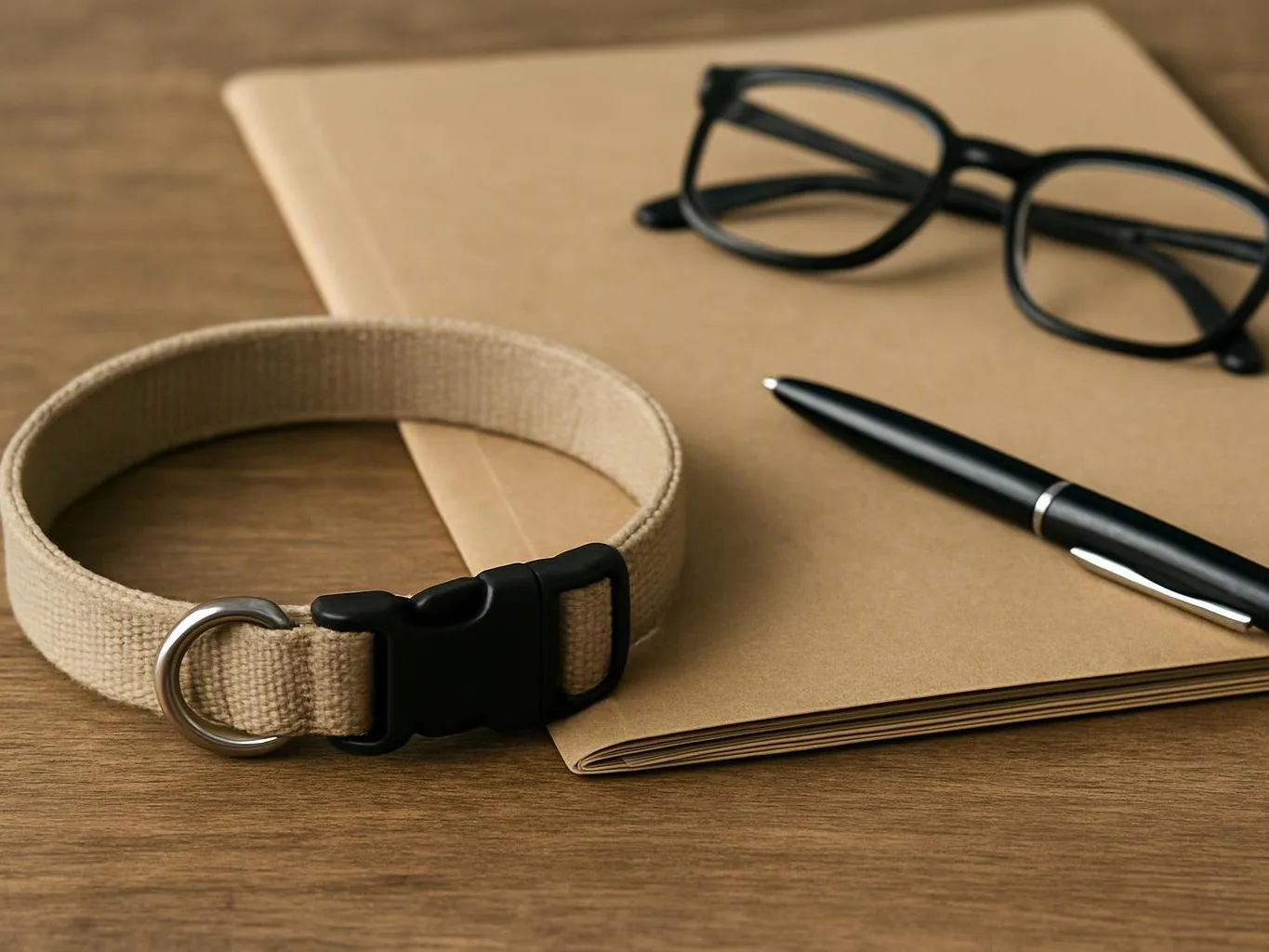 A beige fabric collar, black glasses, and a pen rest on a tan notebook on a wooden table