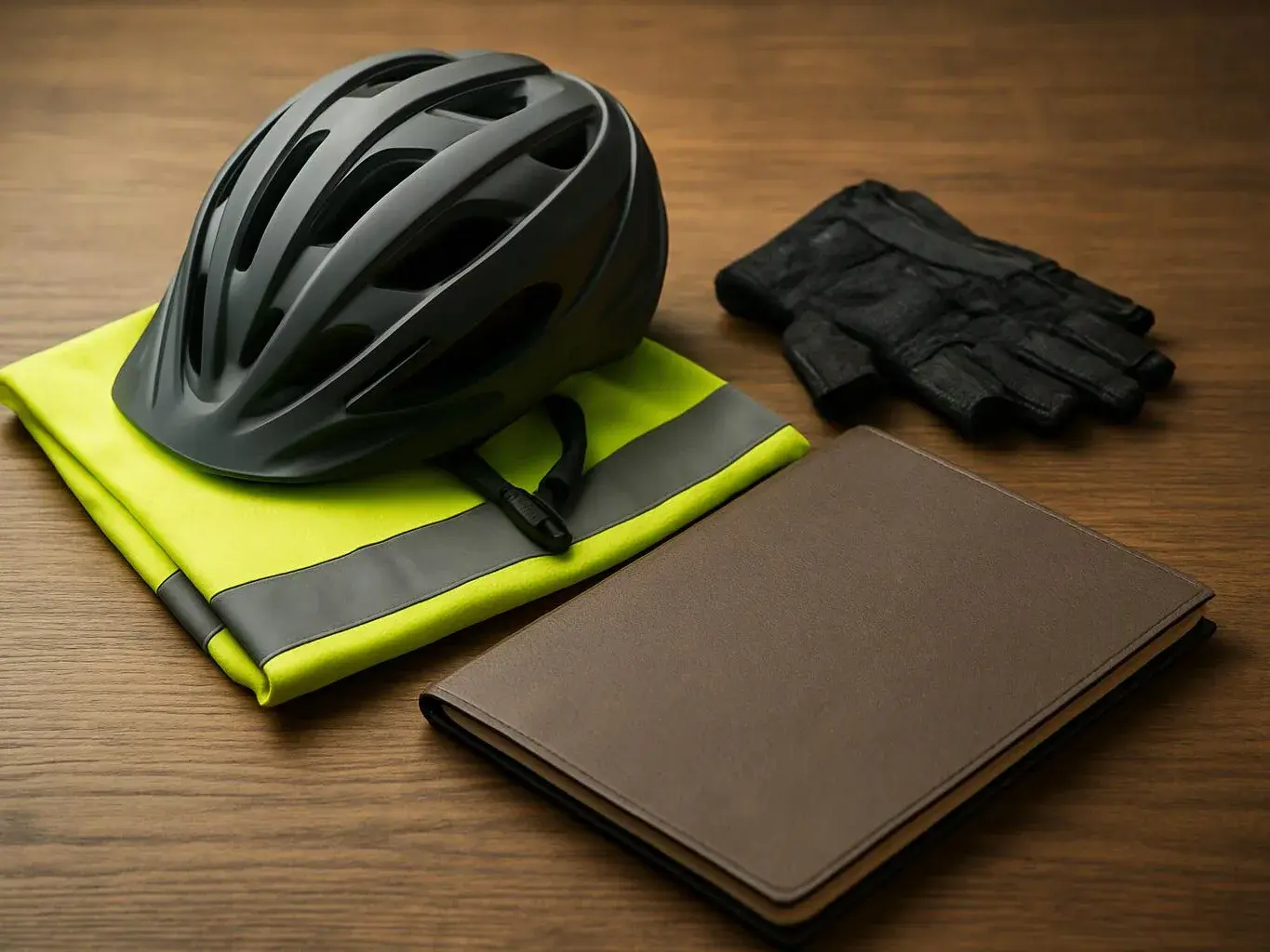 A bike helmet sits on a high-visibility vest beside gloves and a closed notebook on a wooden table