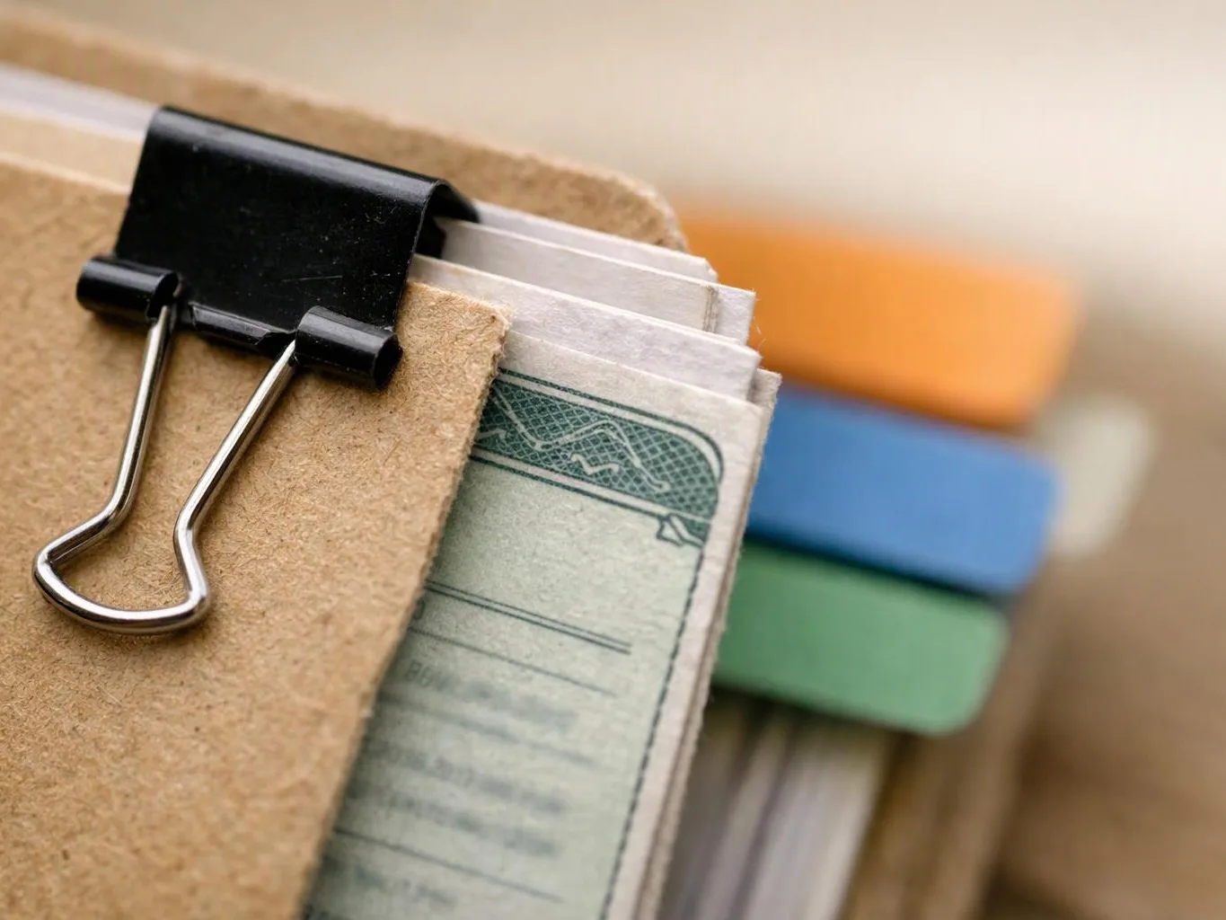 A binder clip holds a stack of papers in a kraft folder, with colored tabs blurred behind it