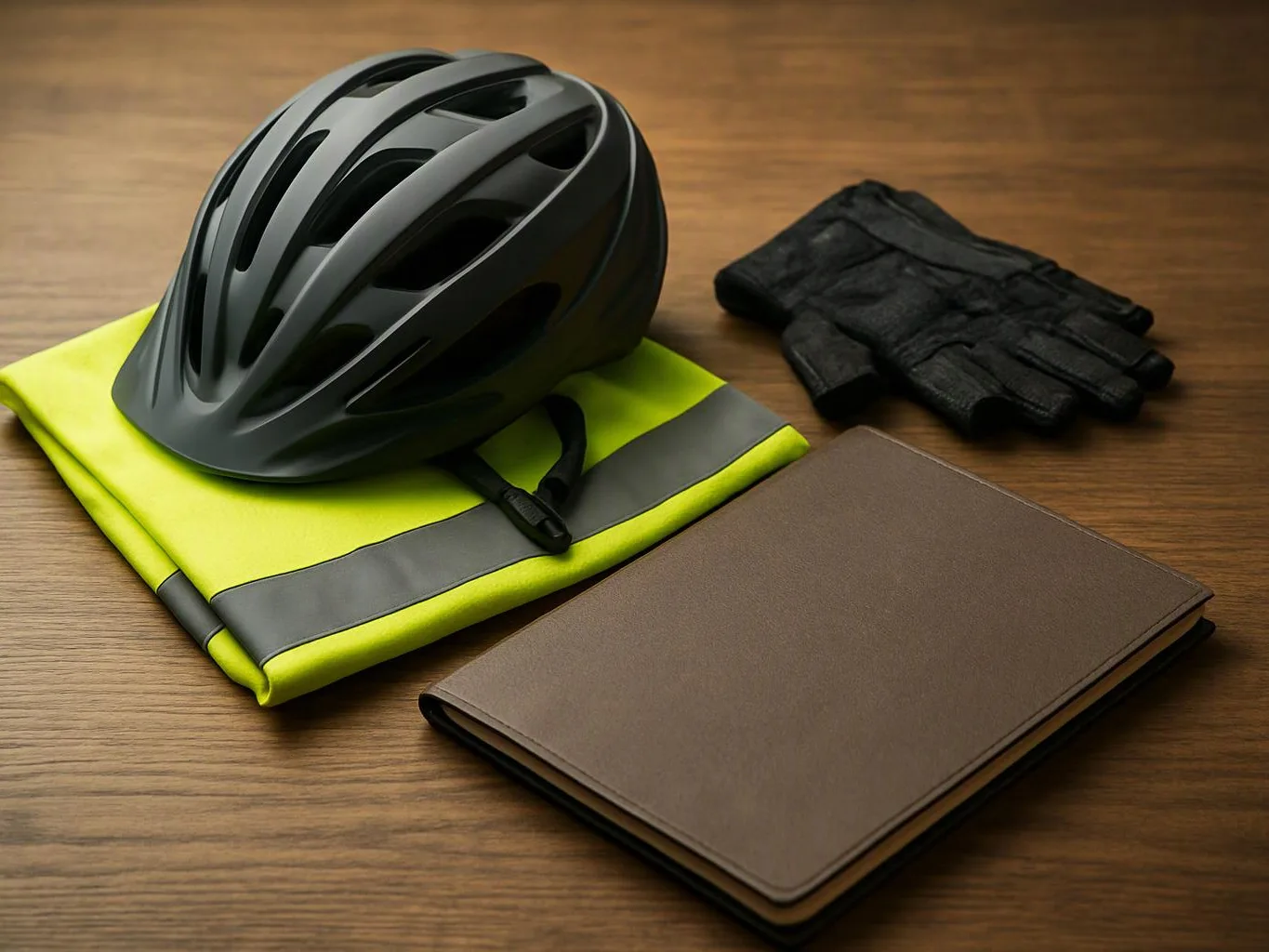 A black bicycle helmet rests on a high-visibility jacket beside gloves and a closed notebook on a wooden table