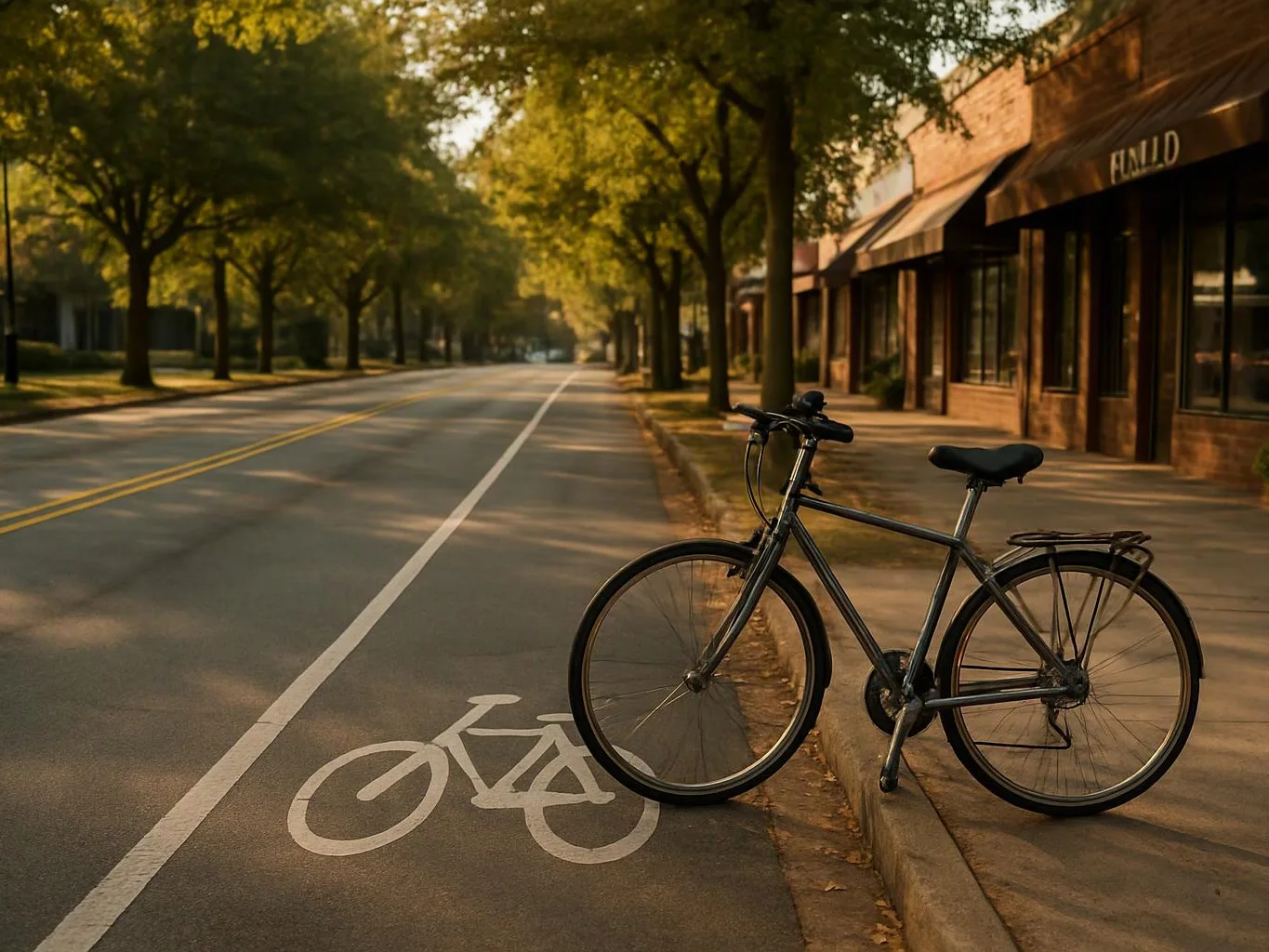 A black bicycle rests on a curb beside a quiet tree-lined street with a bike lane symbol painted on the road