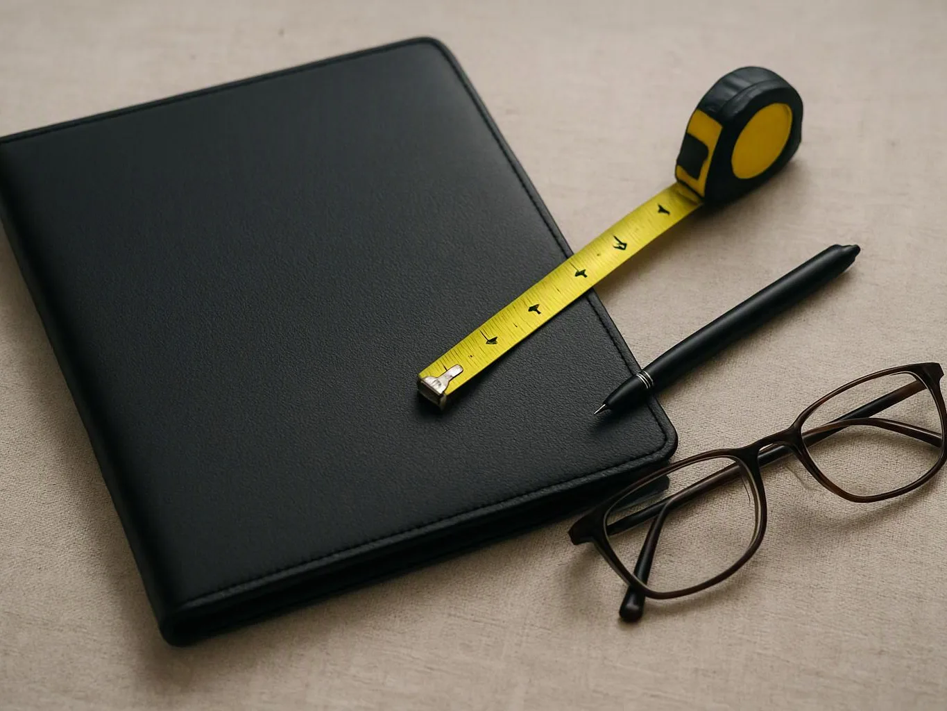 A black folder, tape measure, pen, and eyeglasses rest on a beige tabletop