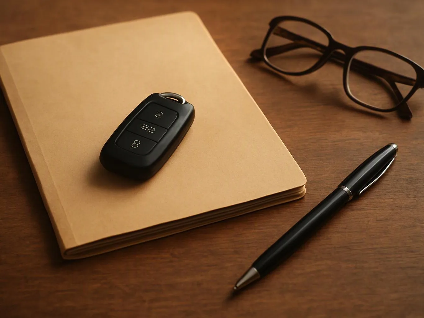 A black key fob sits on a tan notebook beside glasses and a black pen on a wooden desk