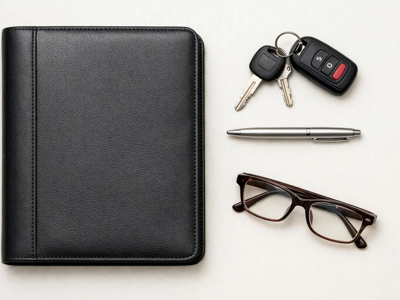 A black leather folio sits beside keys, a silver pen, and brown glasses on a white surface
