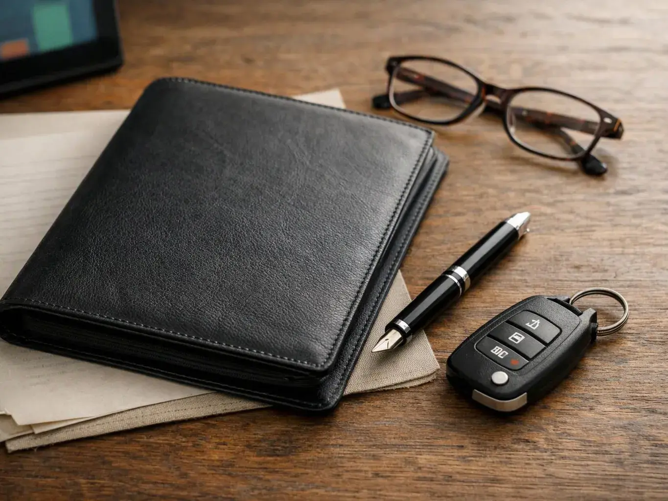 A black leather notebook rests on papers beside glasses, a pen, and a car key fob on a wooden desk
