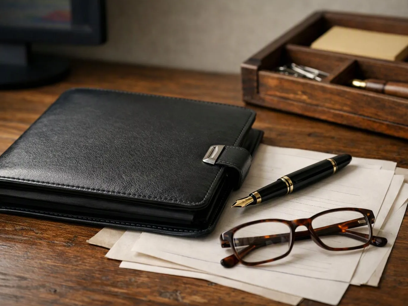 A black leather organizer, fountain pen, eyeglasses, and papers rest on a wooden desk