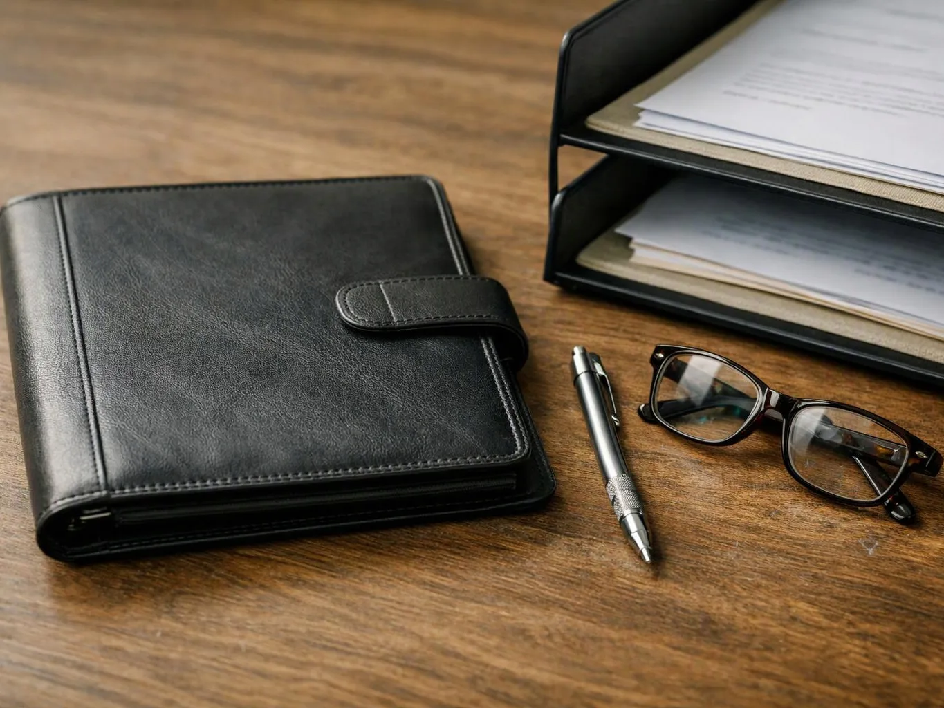 Black leather planner, pen, eyeglasses, and paper trays rest on a wooden desk
