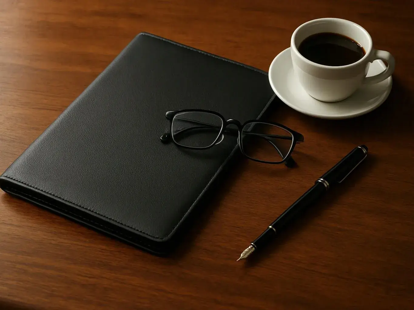 A black notebook, glasses, fountain pen, and cup of coffee rest on a wooden desk