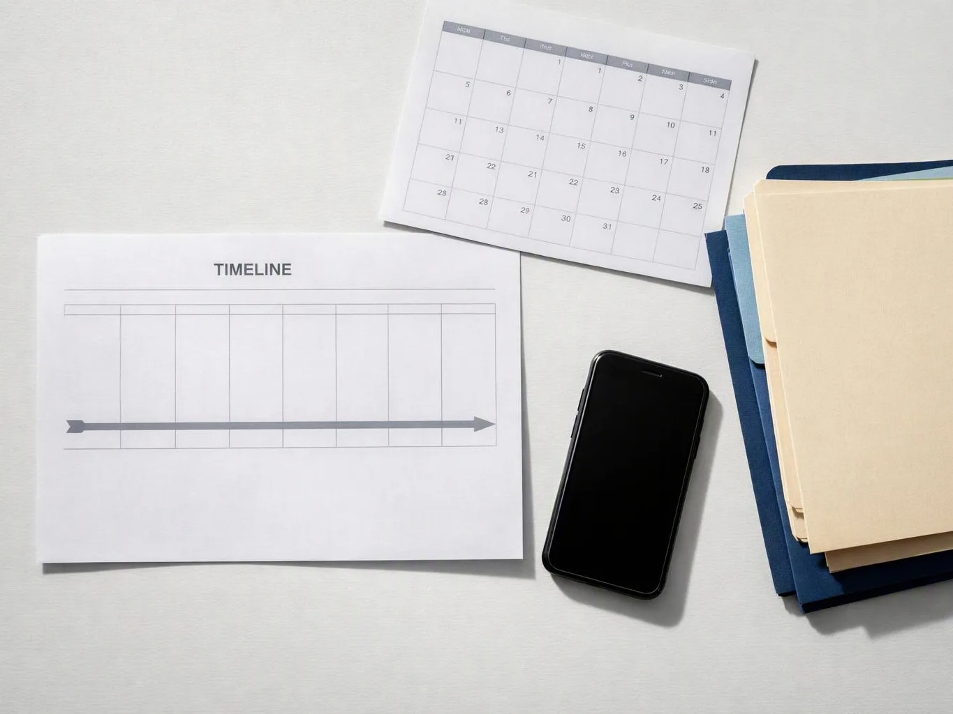 A blank timeline sheet, small calendar, smartphone, and stacked folders lie on a white desk