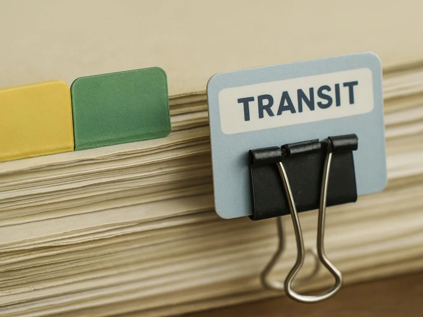 A blue binder tab labeled “TRANSIT” clips onto a thick stack of paper beside green and yellow tabs