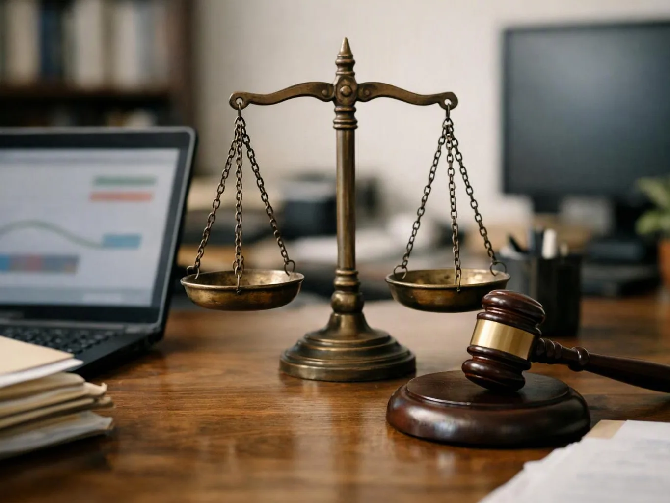 A brass scale and wooden gavel sit on a desk beside a laptop and papers