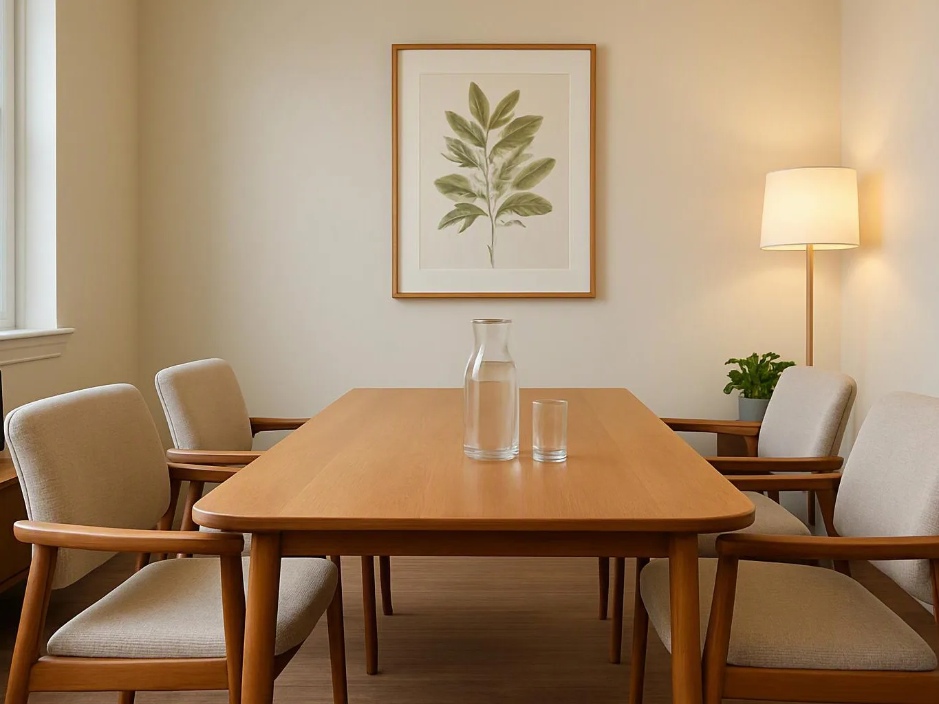 A bright dining room shows a wooden table, beige chairs, a framed leaf print, and a lit floor lamp
