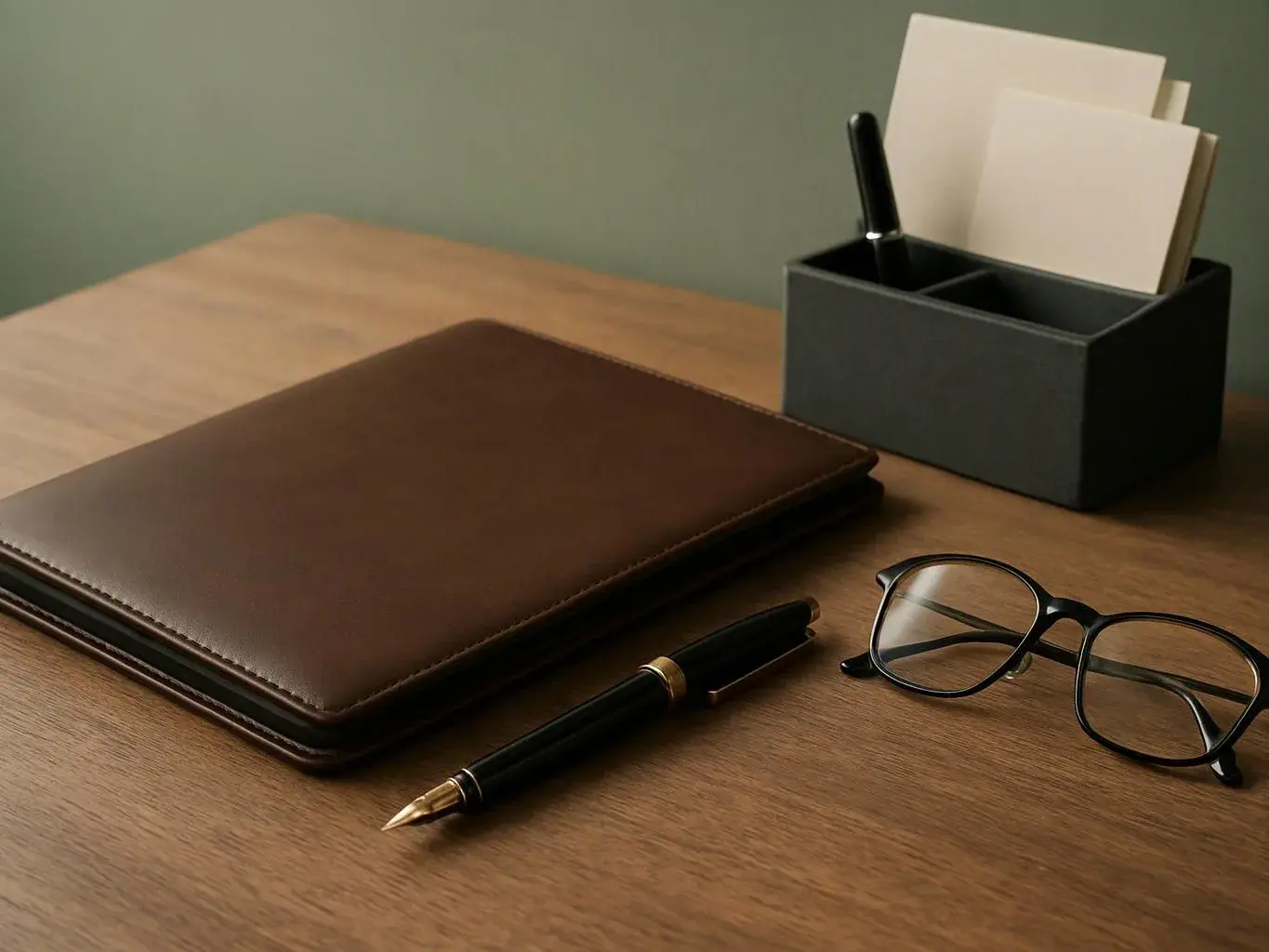 A brown leather folder, black pen, eyeglasses, and a desk organizer sit on a wooden desk