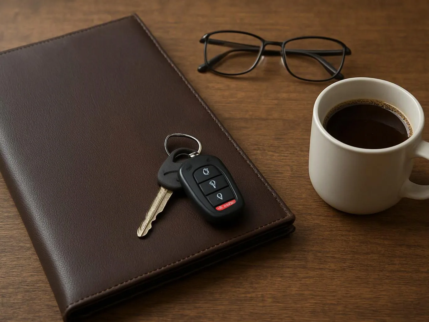 A brown leather notebook sits beside keys, eyeglasses, and a cup of black coffee on a wooden table