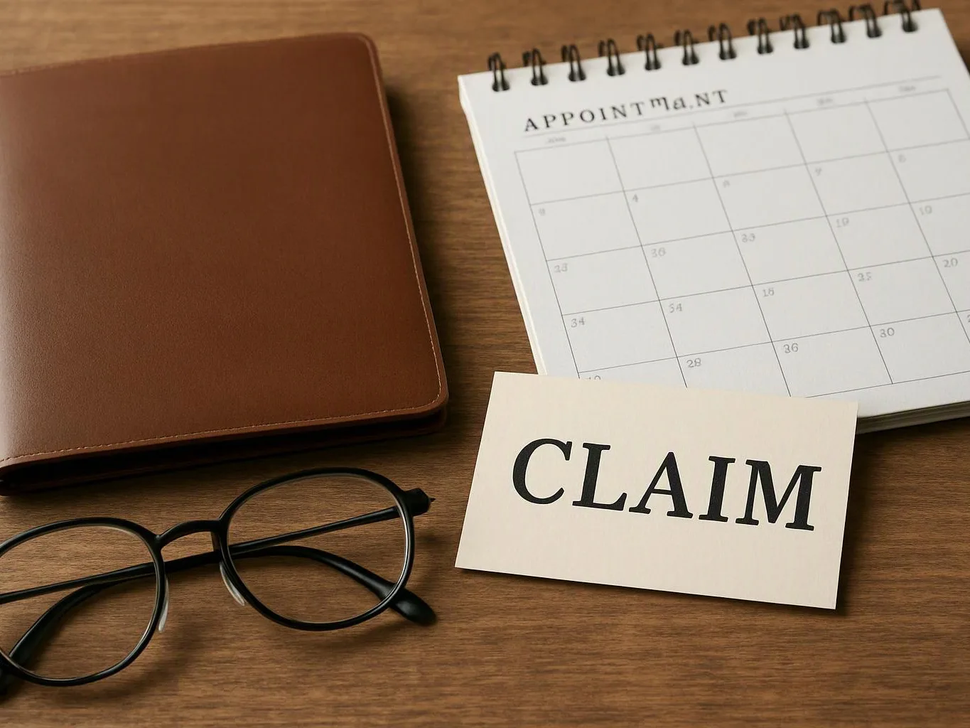 A brown notebook, black glasses, a calendar, and a card reading “CLAIM” rest on a wooden desk