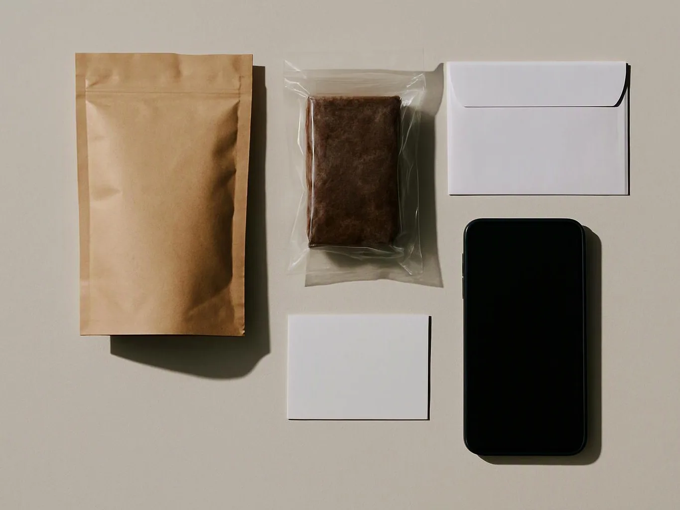 A brown paper pouch, wrapped brown bar, two white cards, and a black smartphone sit on a beige surface