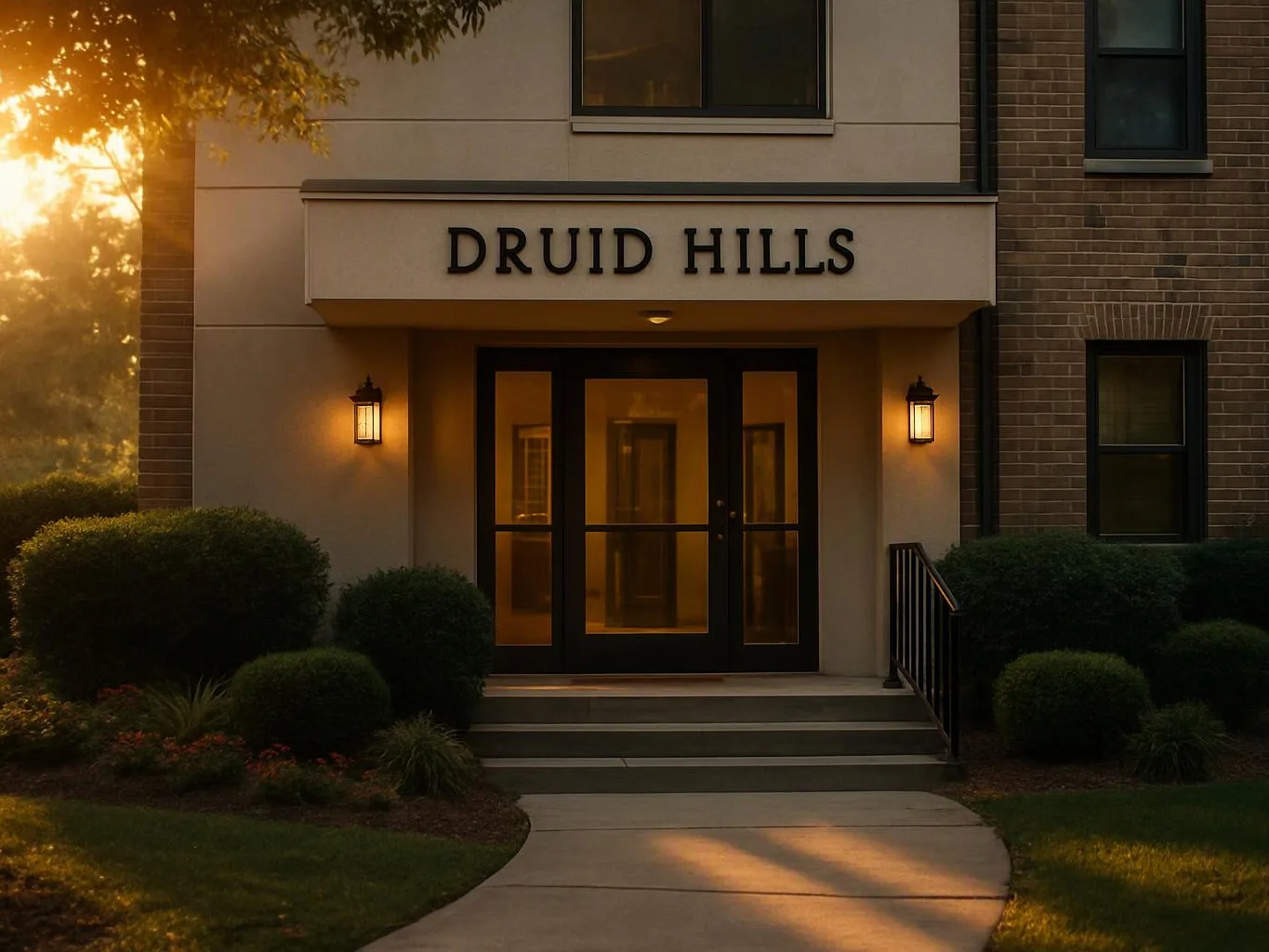 A building entrance with lit glass doors, trimmed shrubs