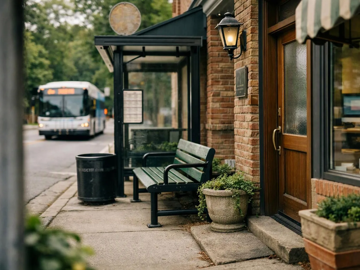A bus waits on a street beside a covered stop, benches, brick building, and potted plants