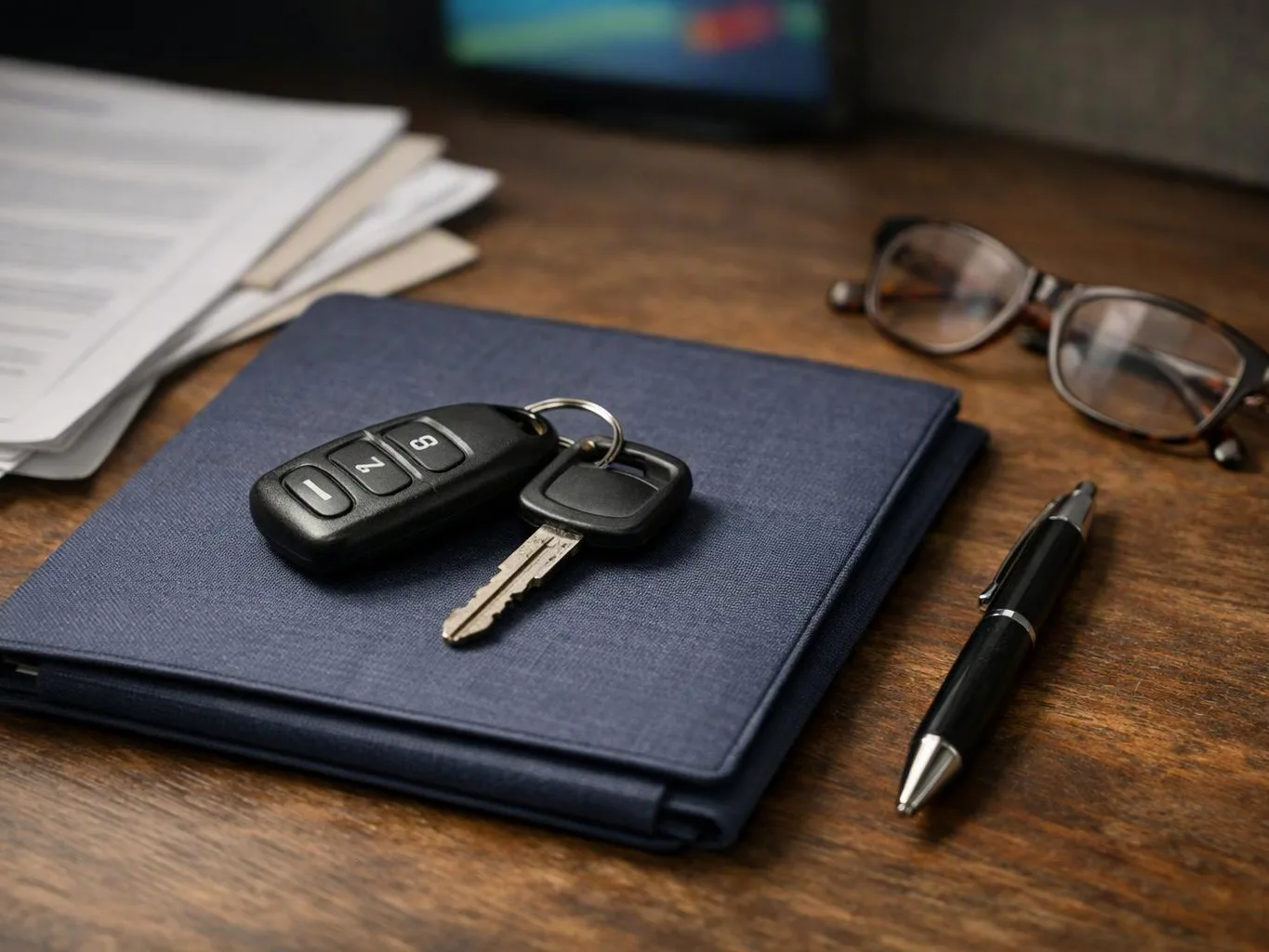 A car key and house key rest on a blue notebook beside glasses, papers, and a pen on a wooden desk
