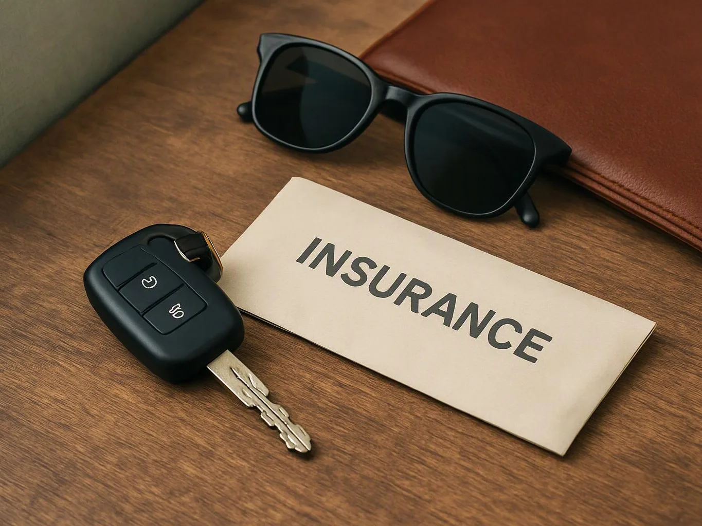 Car key, sunglasses, and an insurance envelope sit on a wooden table