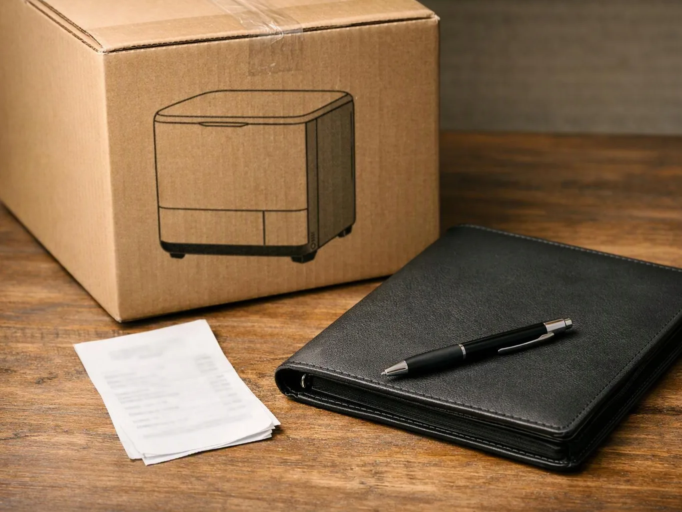 A cardboard shipping box, a black notebook with a pen, and a small receipt stack sit on a wooden table