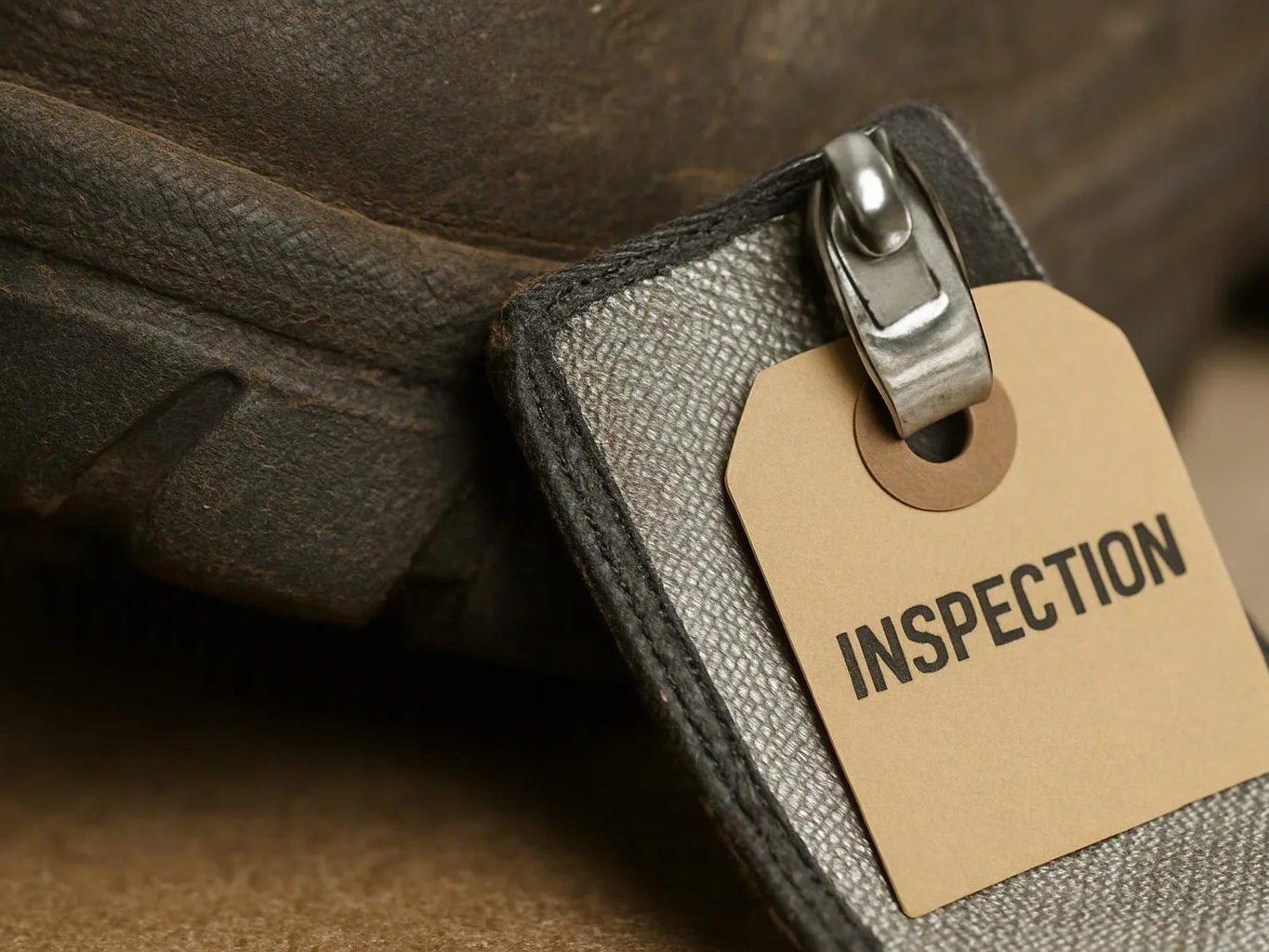 A close-up shows a leather bag with a hanging tag labeled “INSPECTION”