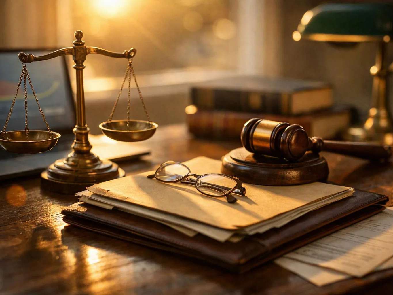 A courtroom desk holds scales, a gavel, papers, and eyeglasses in warm window light