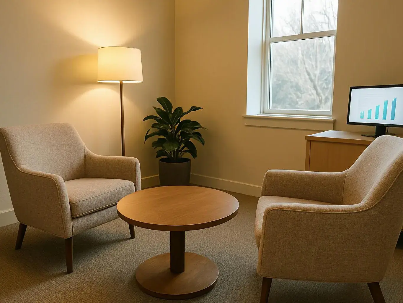 A cozy waiting room has two armchairs, a round table, a floor lamp, a potted plant, and a computer monitor with a bar chart