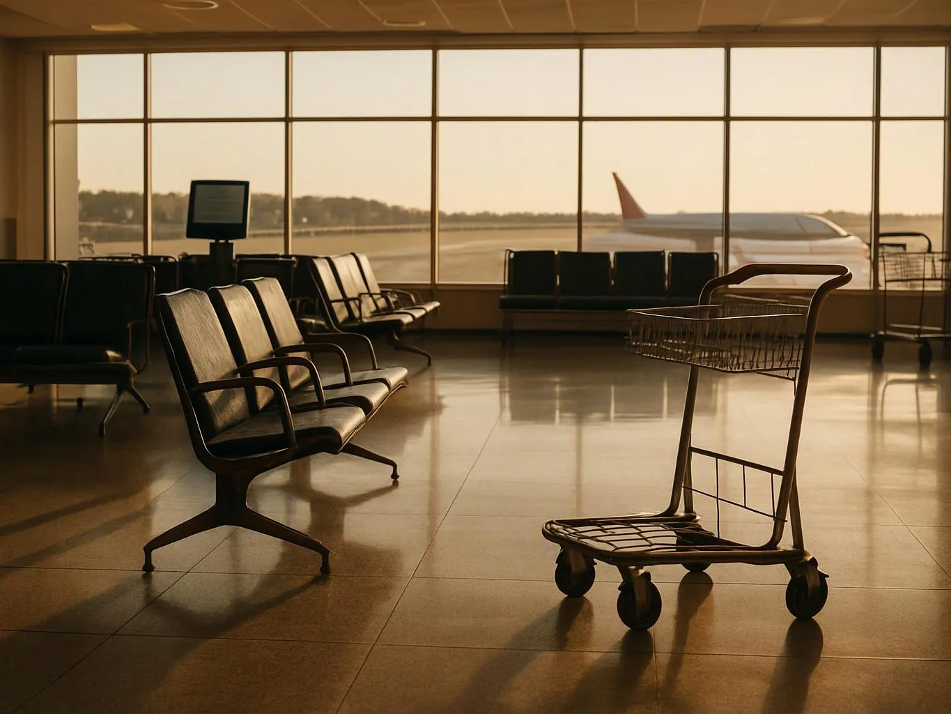 Empty airport waiting area with rows of seats, a luggage cart, and a plane outside the window