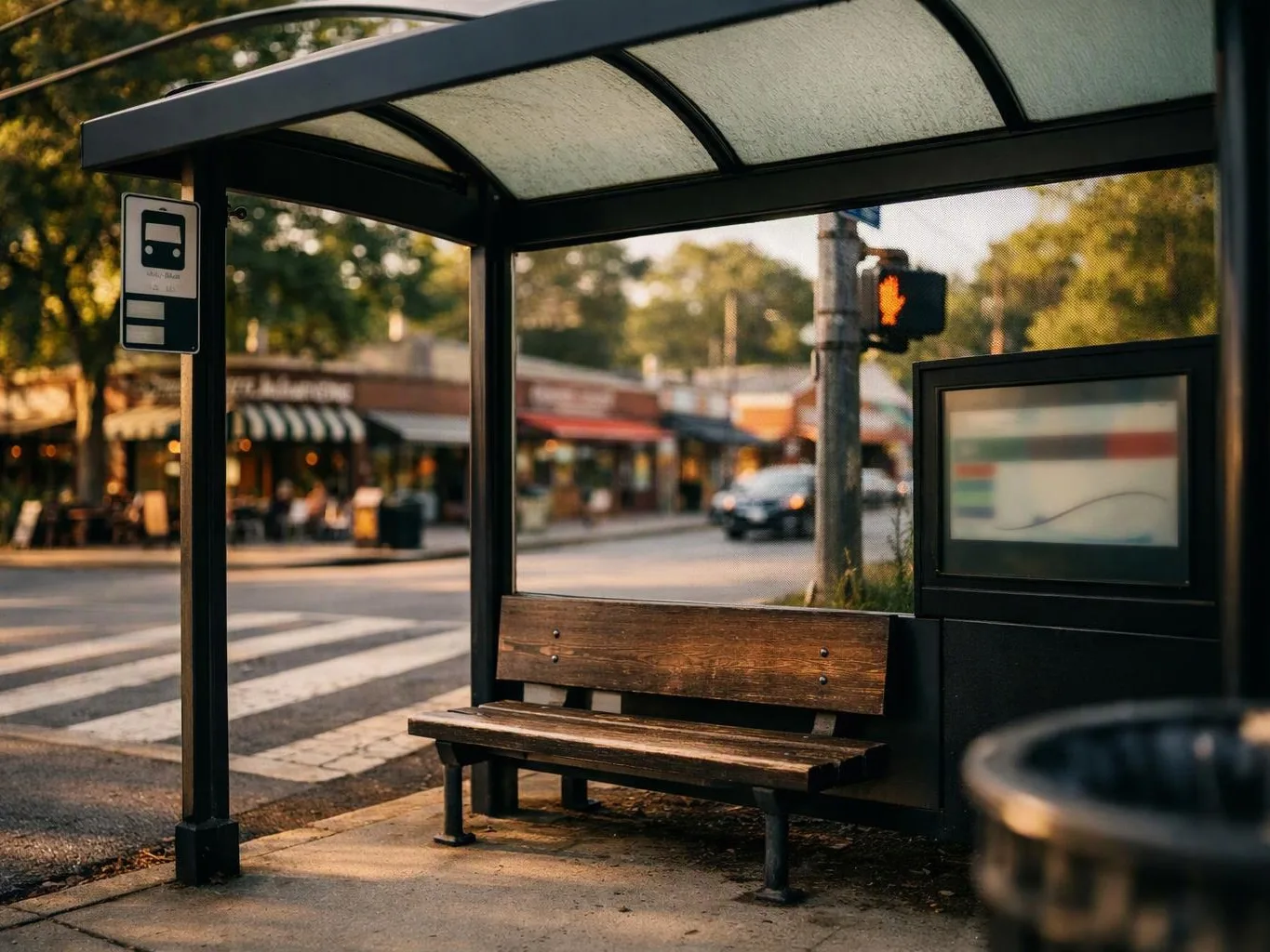 An empty bus stop shelter with a wooden bench sits beside a street crosswalk at dusk