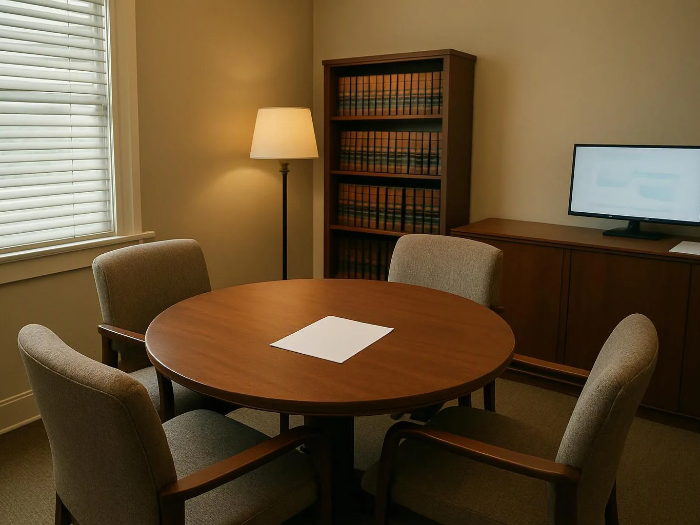 Empty meeting room with round table, four chairs, lamp, bookshelves, and a monitor on a cabinet