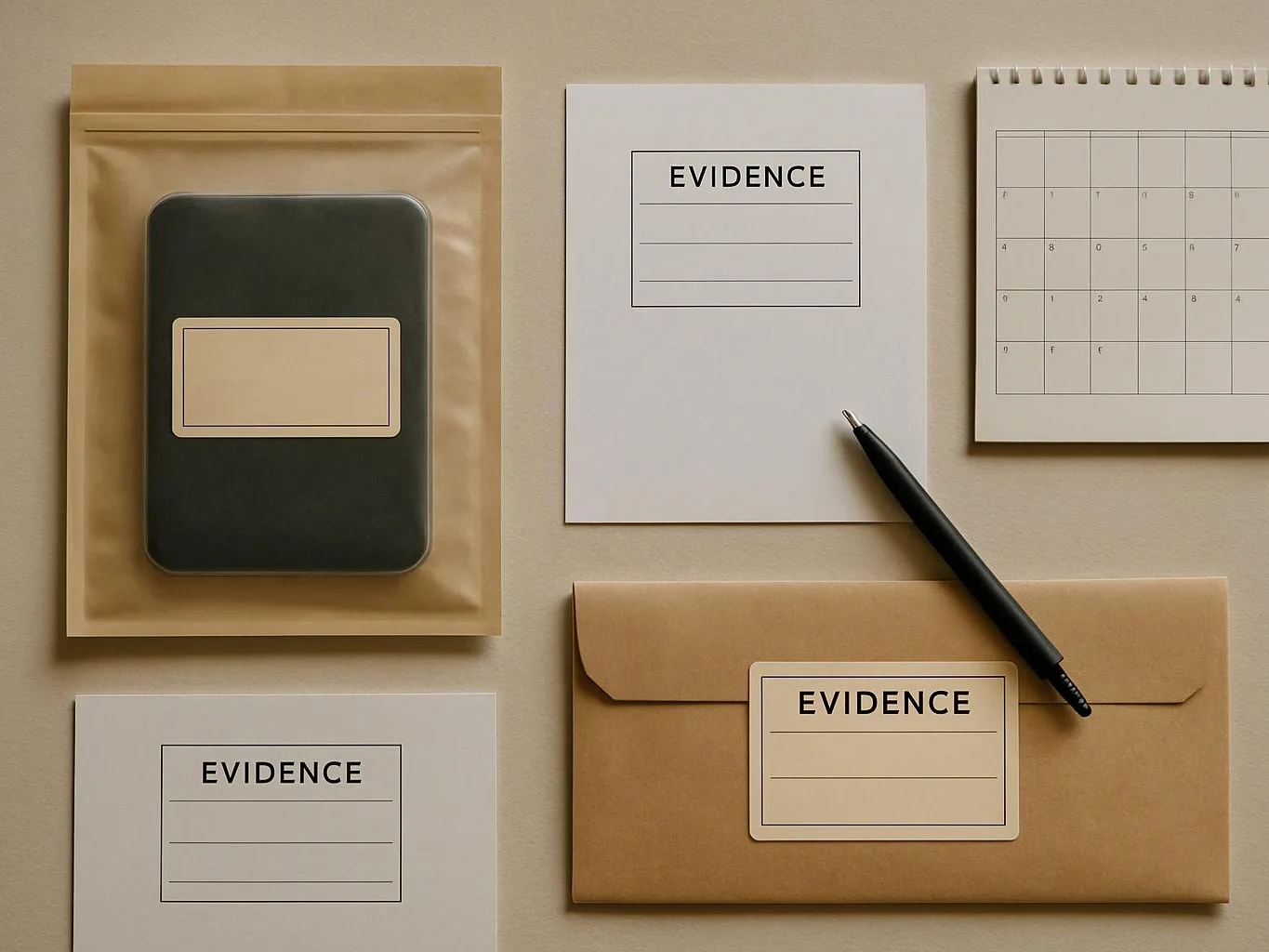 Evidence labels, a pen, a sealed pouch, and a calendar pad are arranged neatly on a beige surface