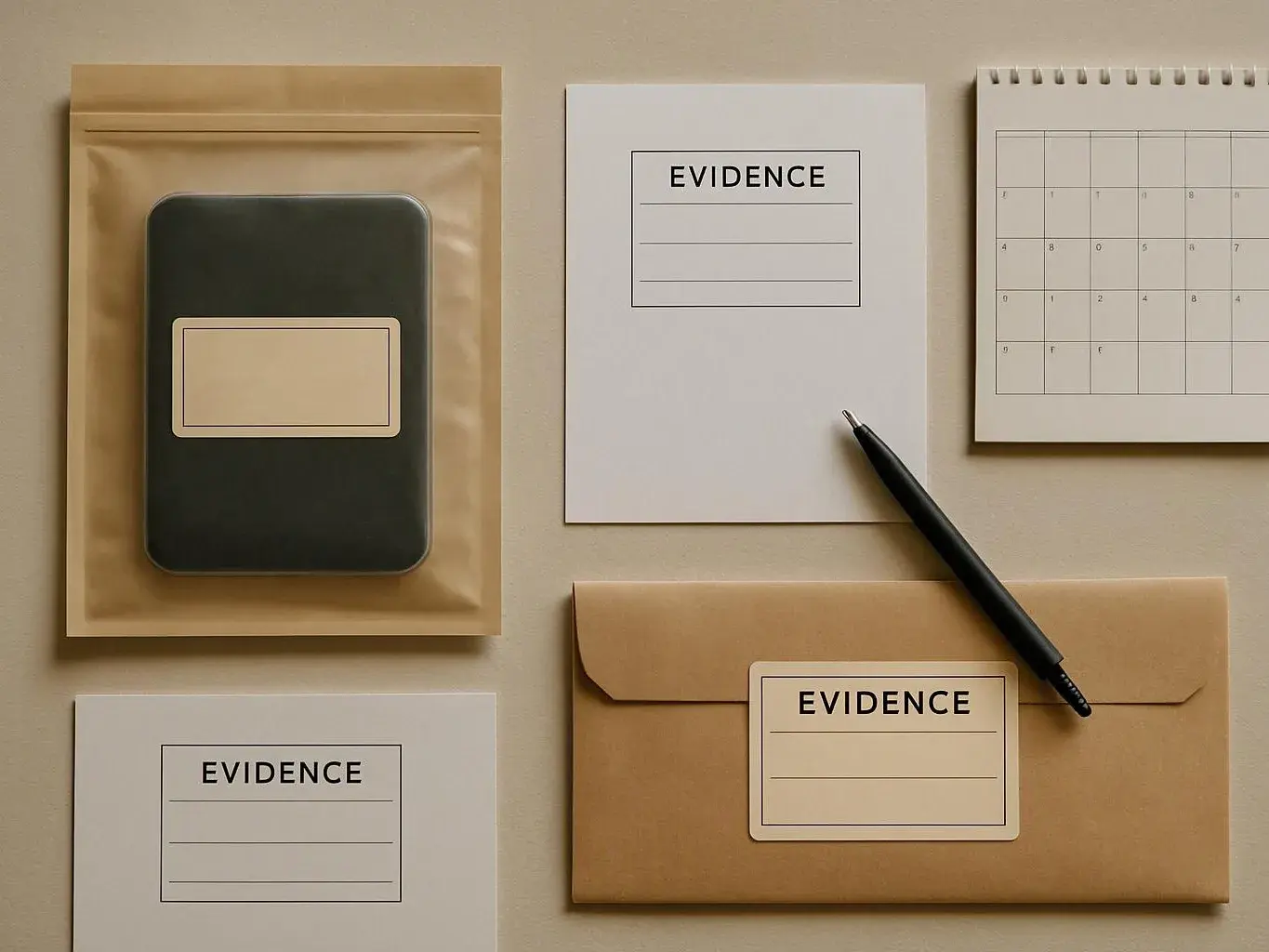 Flat lay of labeled evidence envelopes, cards, a pen, and a small calendar on a beige surface