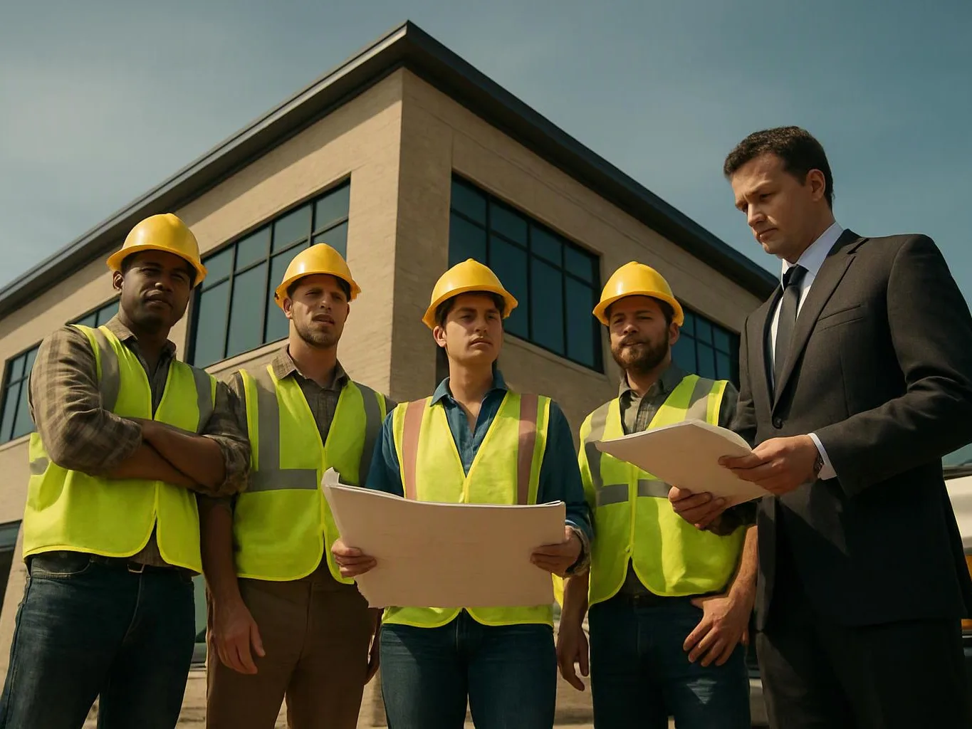 Four construction workers and a suited man stand outside a modern building, studying plans together