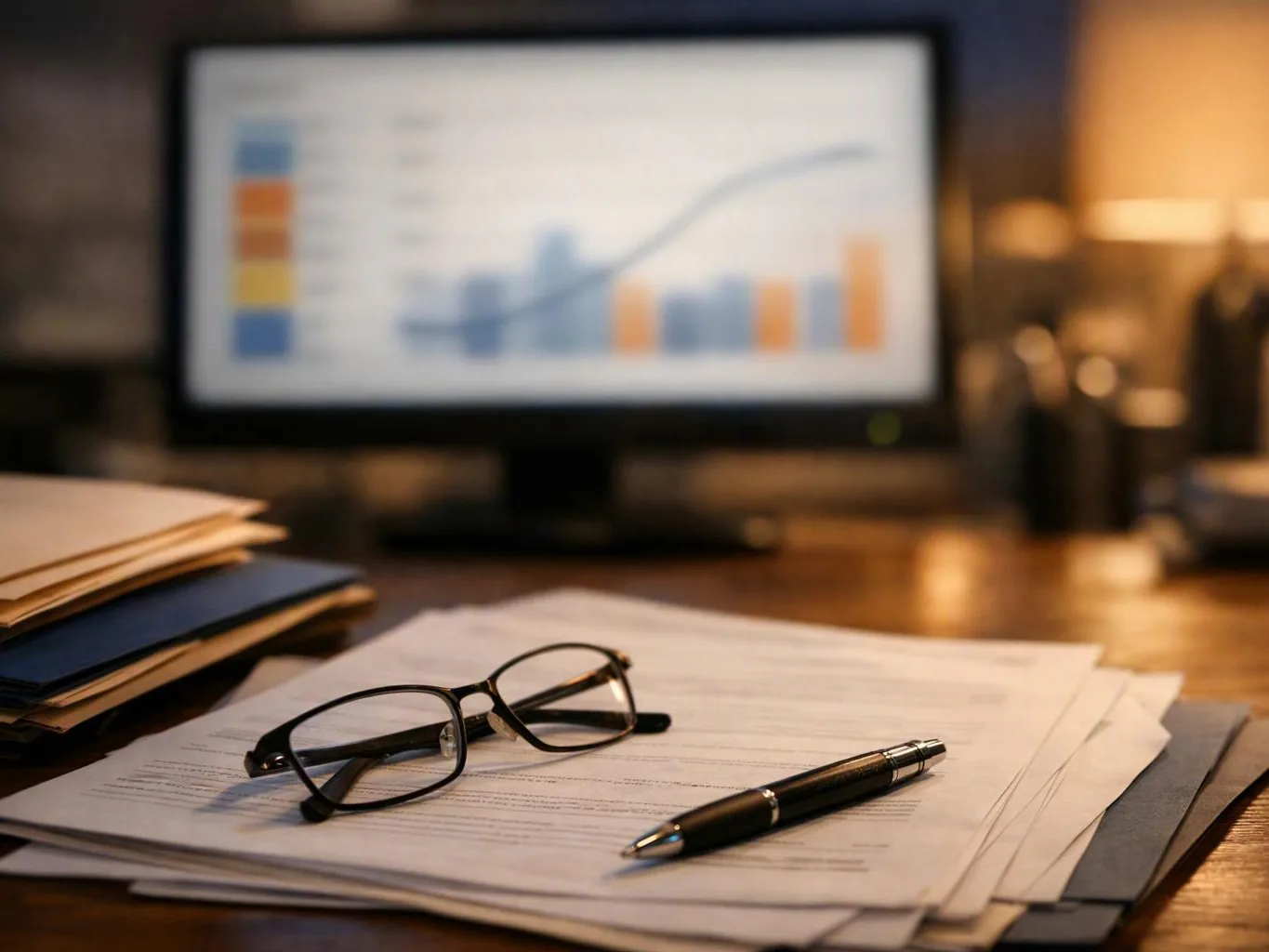 Glasses and a pen rest on paperwork beside folders, with a blurred chart on a computer screen behind them