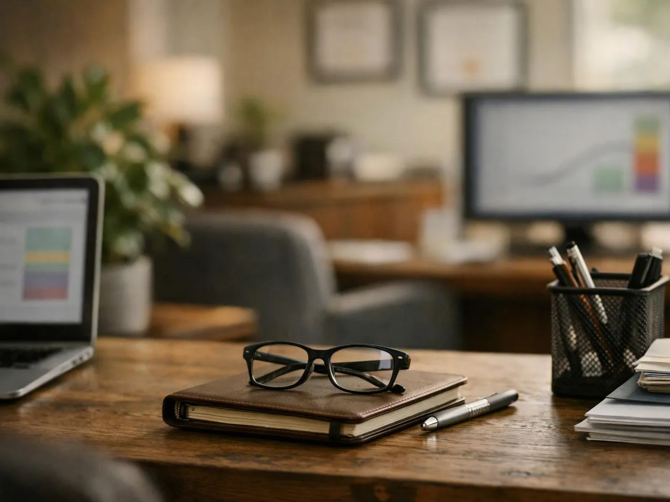 Glasses rest on a leather notebook beside a pen on a wooden office desk with a laptop and monitor nearby
