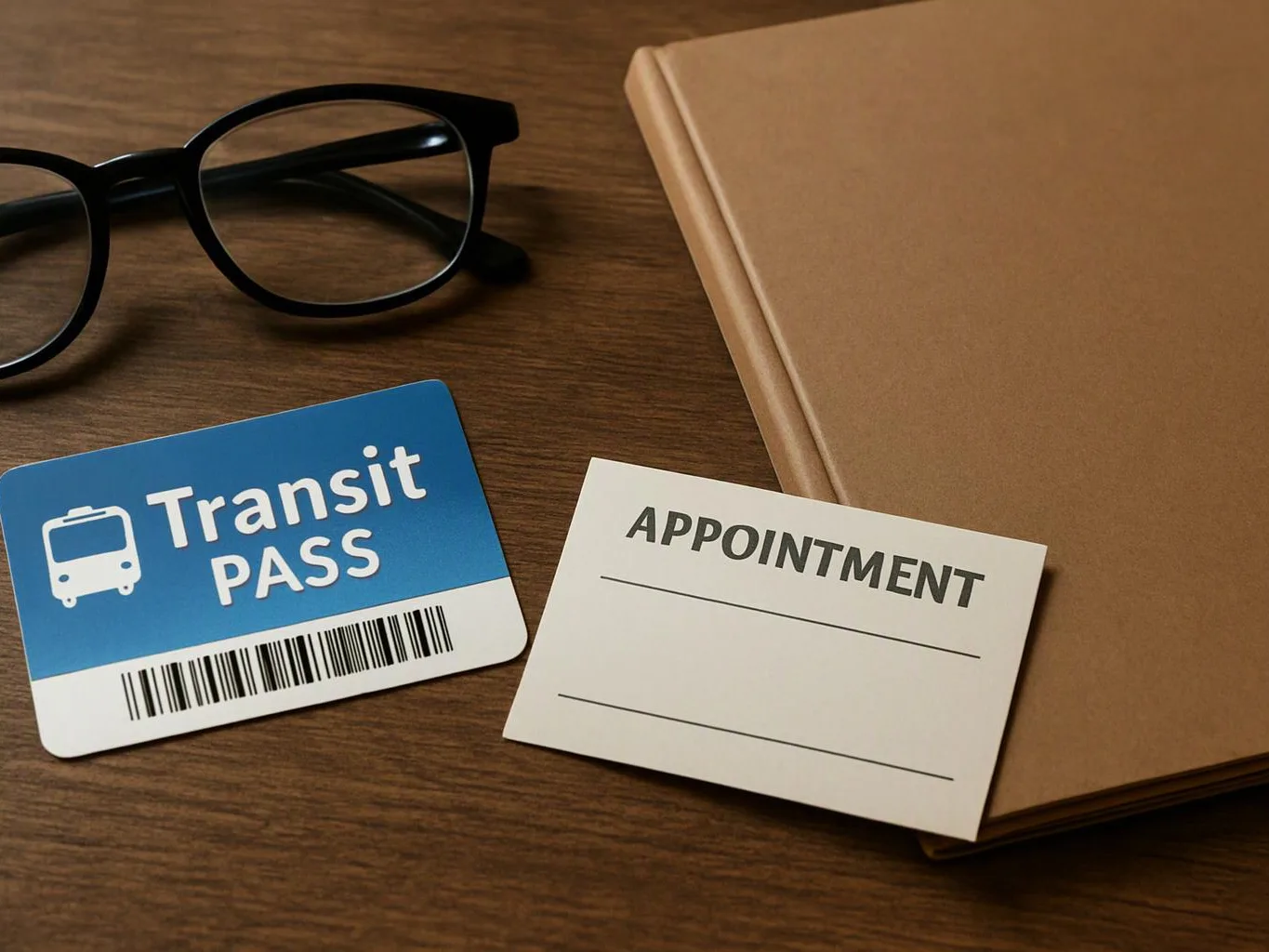Glasses, a transit pass card, and an appointment card rest on a wooden desk beside a tan notebook