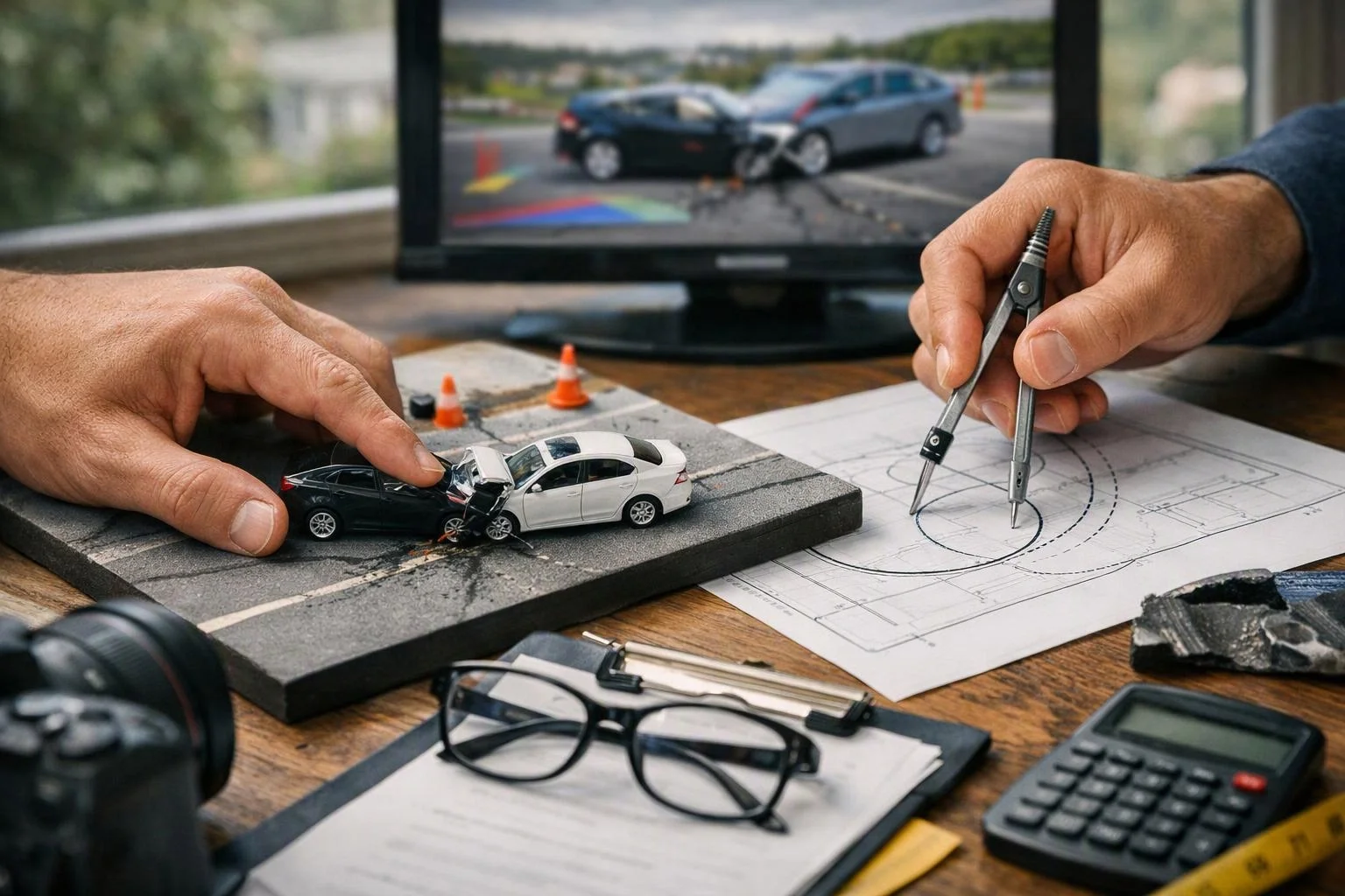 Two hands examine a car crash model and a technical drawing on a desk with glasses and a calculator